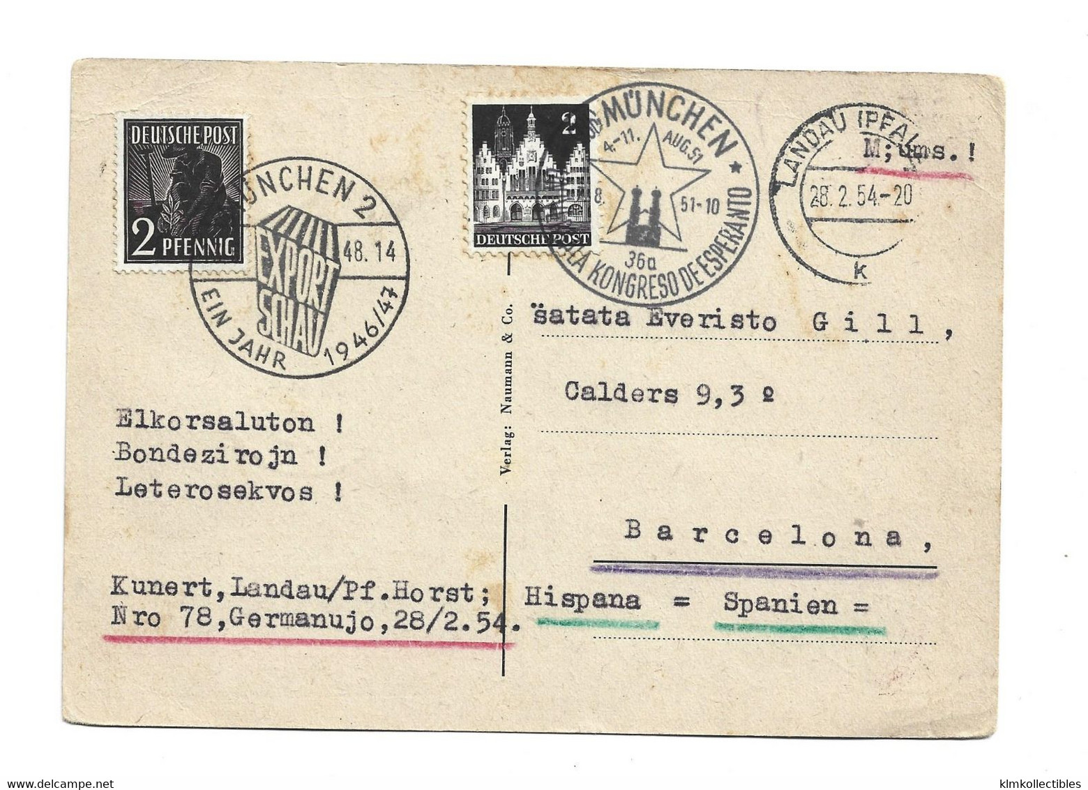 GERMANY DEUTSCHLAND - AUGSBURG 1948 MUNCHEN SPECIAL CANCEL ESPERANTO KONGRESO - Esperanto