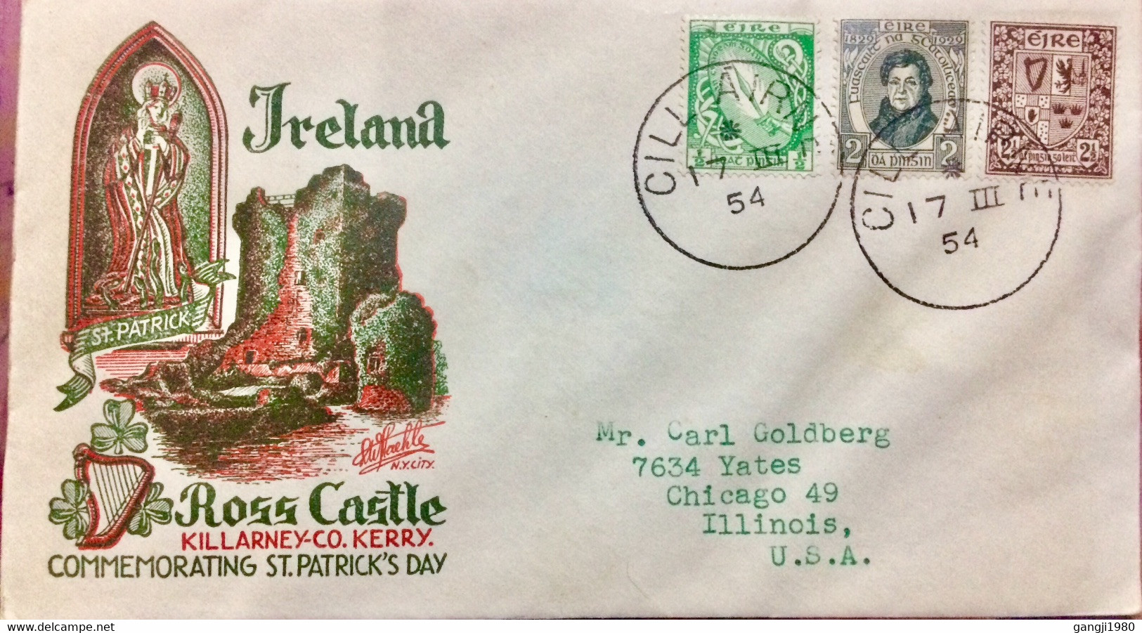 IRELAND 1954, ILLUSTRATED COVER, ROSS CASTLE, ST.PATRIC’S DAY, CILL AIRNE TOWN CANCEL,1922 SWORD OF LIGHT, ARM,1929 DANI - Storia Postale