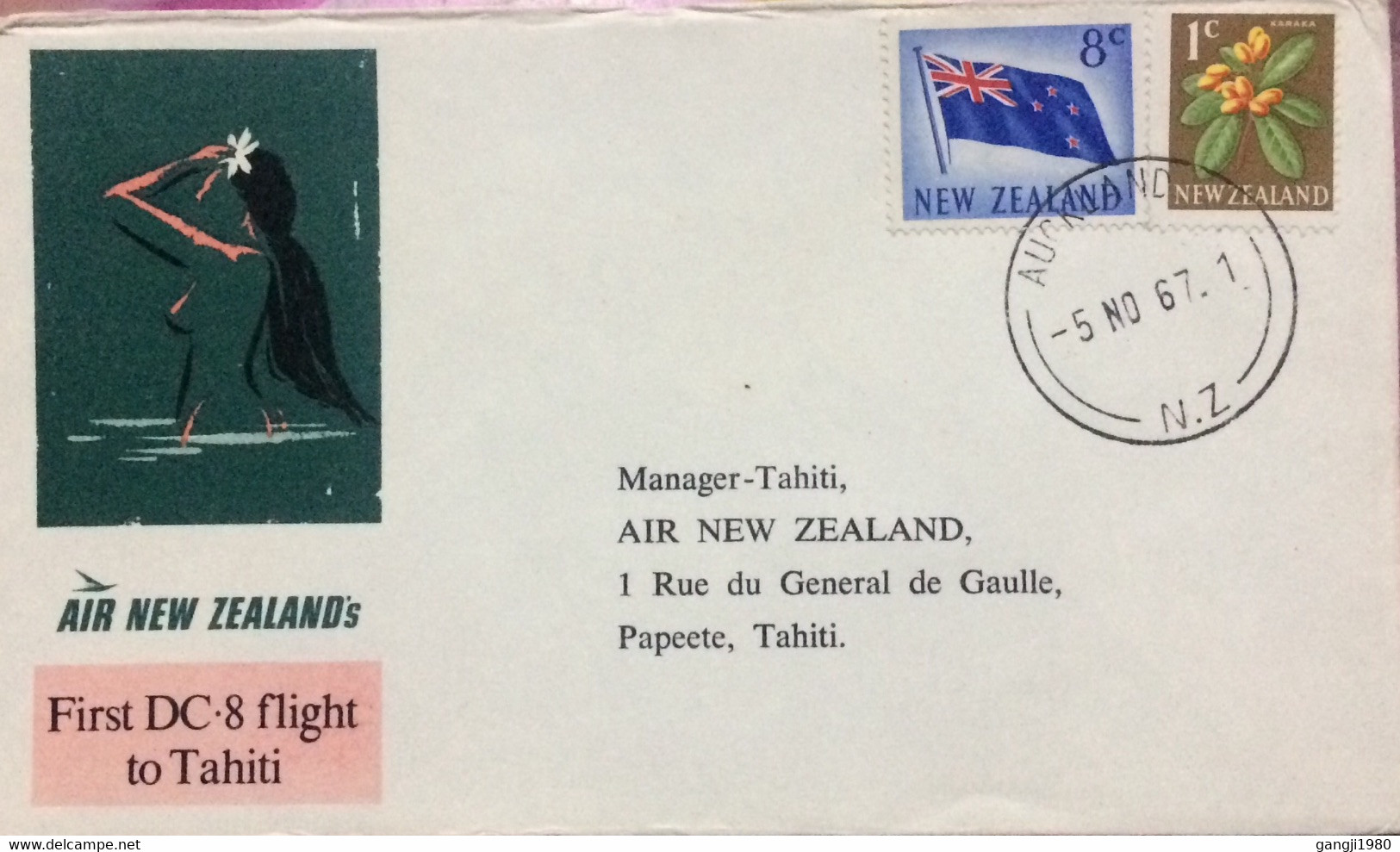 NEW ZEALAND, FRECH POLYNESIA 1967, ILLUSTRATE FIRST FLIGHT COVER TO TAHITI, FIRST DC-8 FLIGHT, NUDE LADY WOMEN, FLAG, FL - Cartas & Documentos