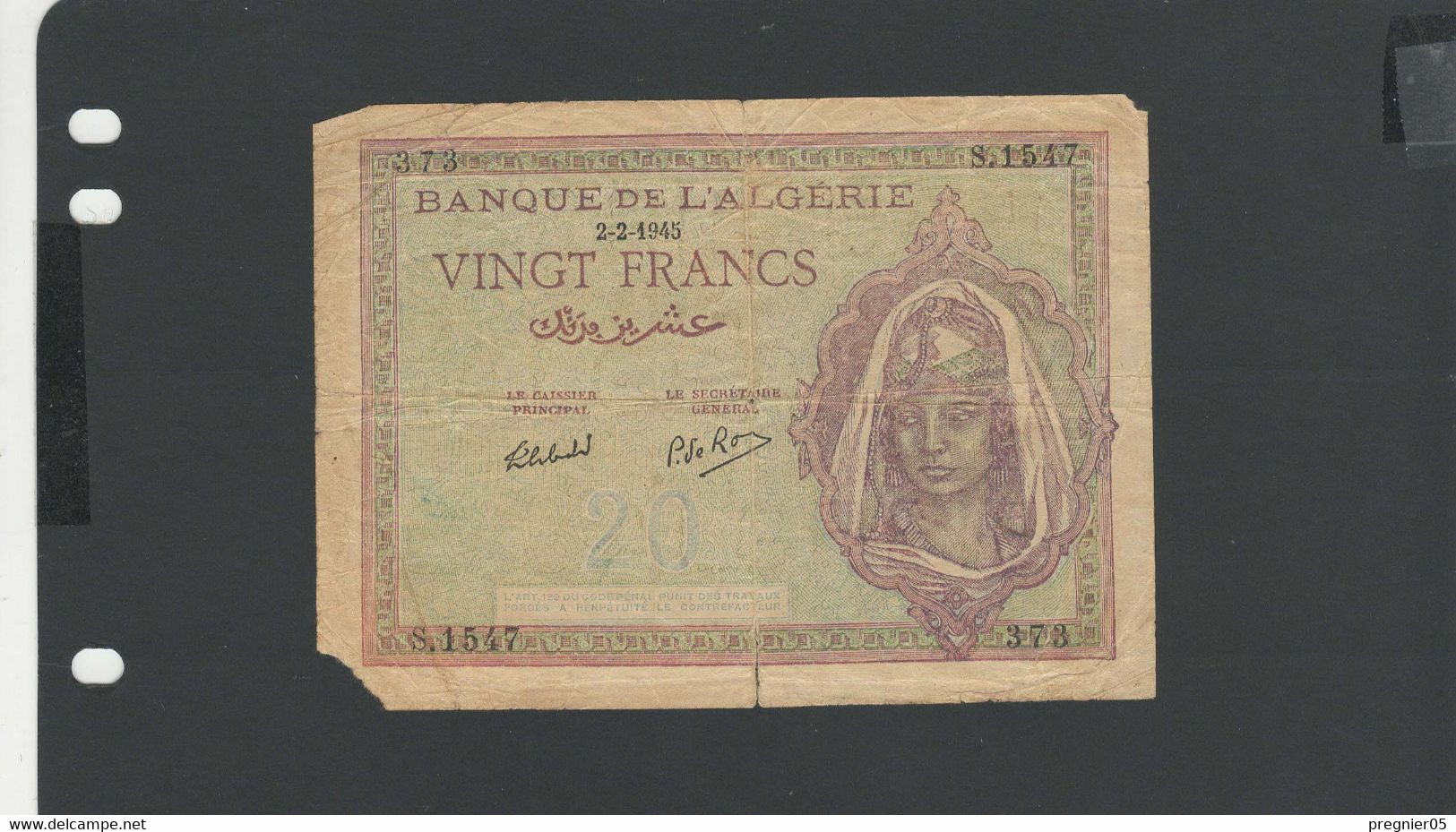 ALGERIE - Billet 20 Franc 1945 AB/G Pick-92b - Algerien
