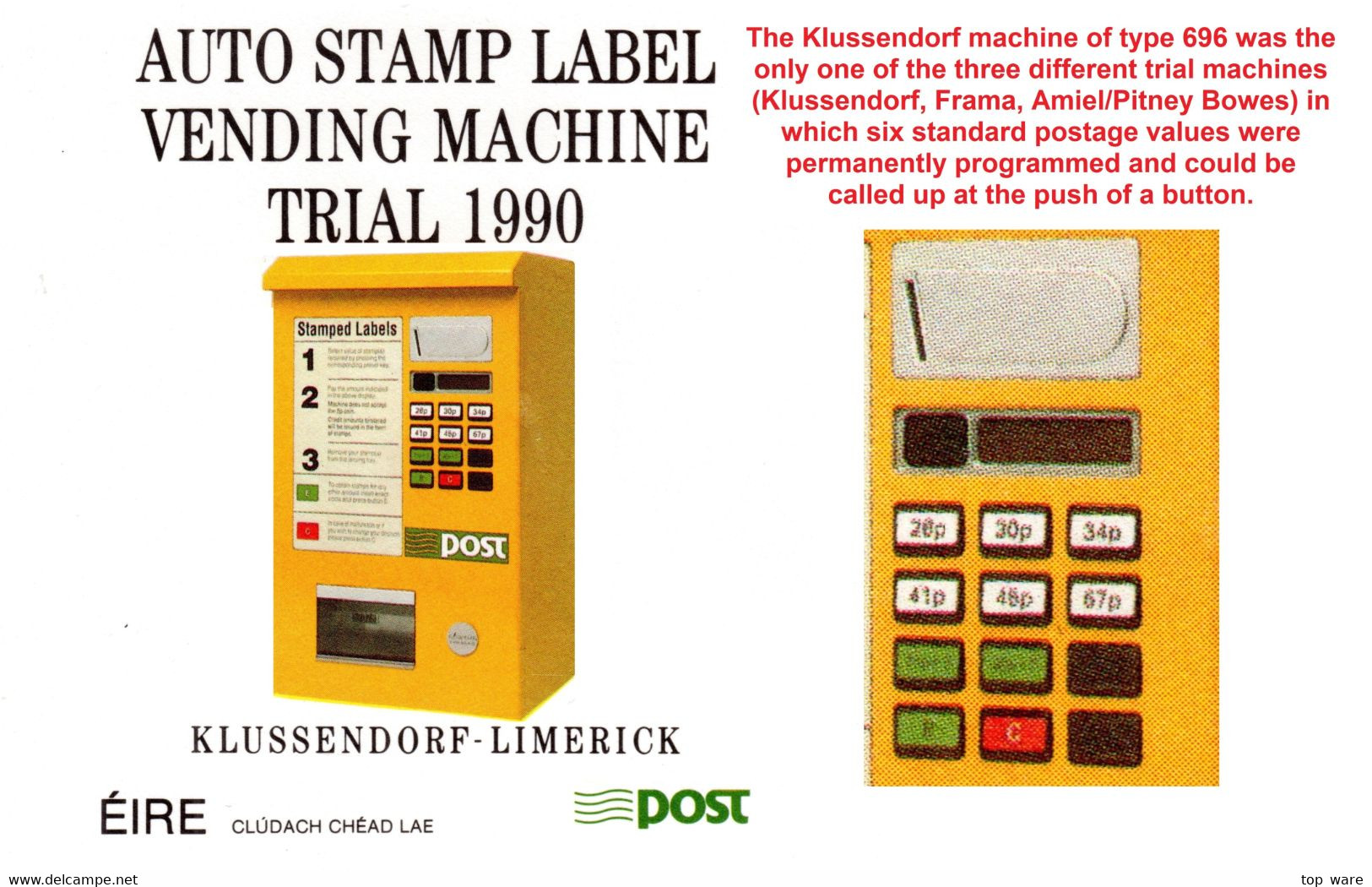 EIRE IRELAND ATM STAMPS / VENDING MACHINE TRIAL 1990 / TEN STAMPS EACH TYPE / Automatenmarken Distributeur - Affrancature Meccaniche/Frama