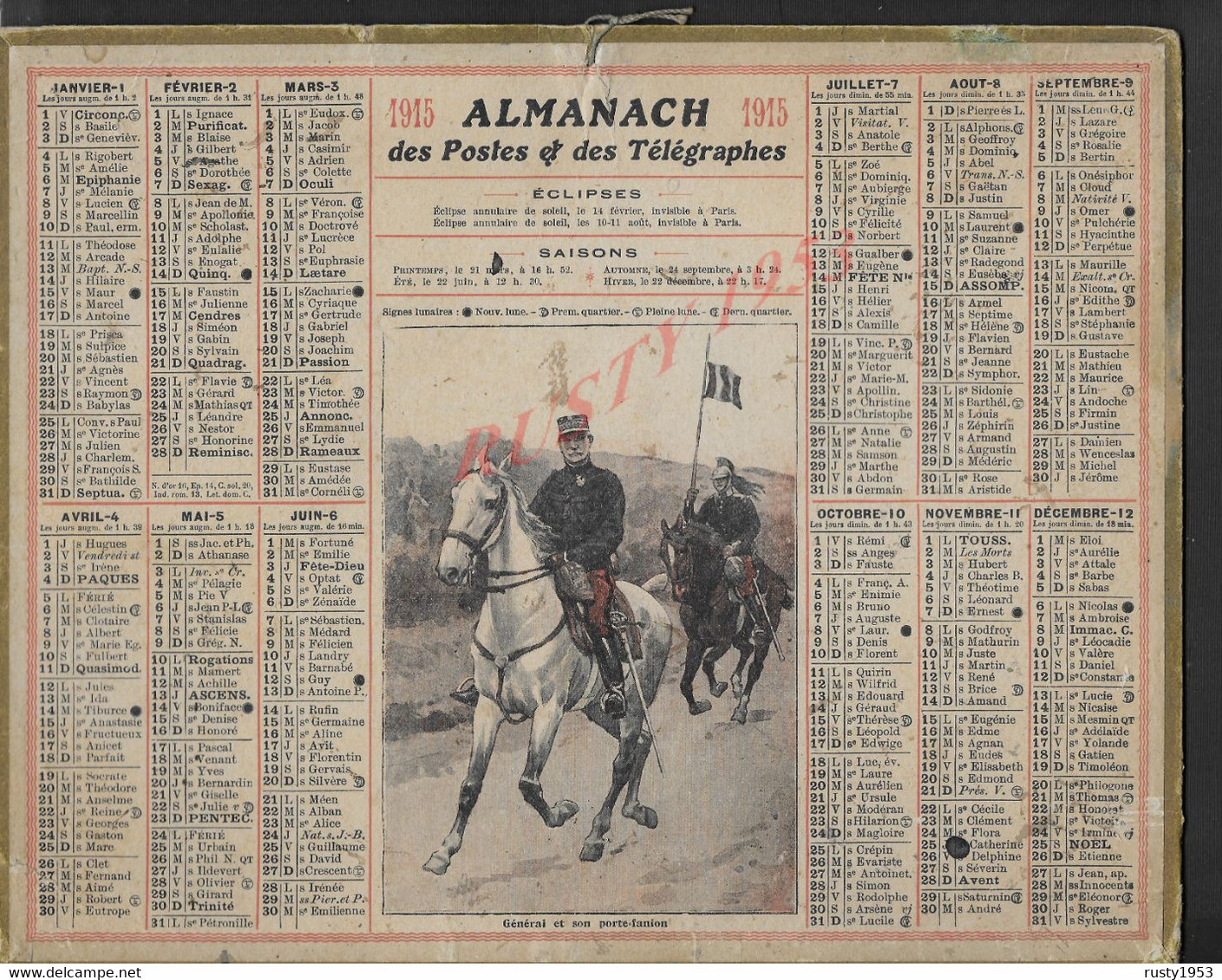 GRAND CALENDRIER MILITARIA GRANDE GUERRE 1915 ILLUSTRÉE LE GÉNÉRAL ET SON PORTE FANION JE PENSE UN DRAGON ?? : - Tamaño Grande : 1901-20