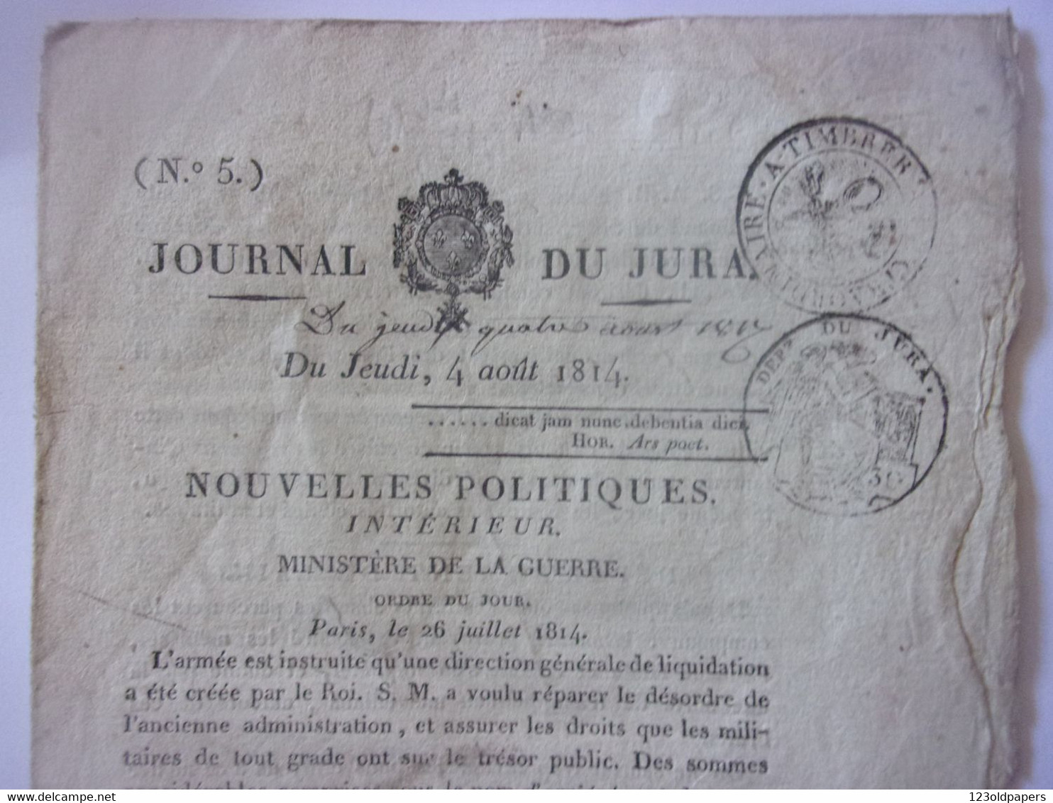 ♥️ RARE 1814  N°5 JOURNAL DU JURA DOUBS AIN  LONS LE SAULNIER INFOS LOCALES NATIONALES INTERNATIONALES - Franche-Comté