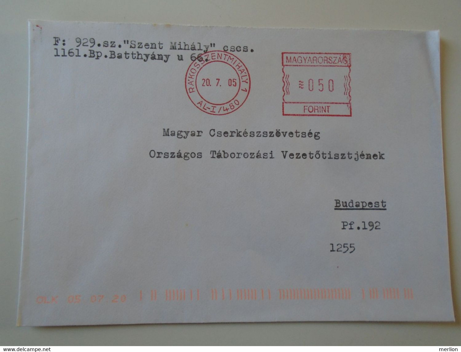 D193902  Hungary Cover -EMA Red Meter Freistempel  2005 Rákosszentmihály  Bp  -   Cserkész - Scouts-Pfadfinder -Scouting - Automatenmarken [ATM]