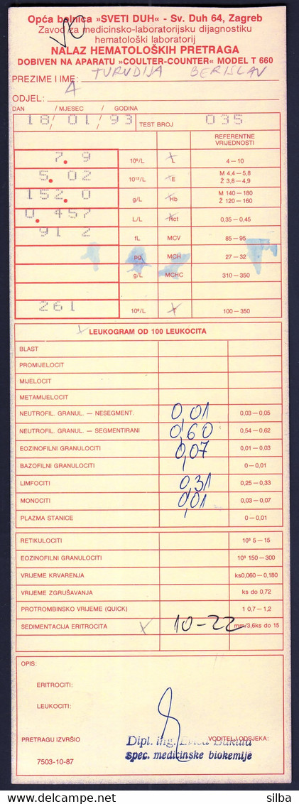 Croatia 1993 / Hospital Sv. Duh Zagreb, Findings Of Hematological Tests On The Coulter-Counter Model T 660, Health Blood - Medisch En Tandheelkundig Materiaal