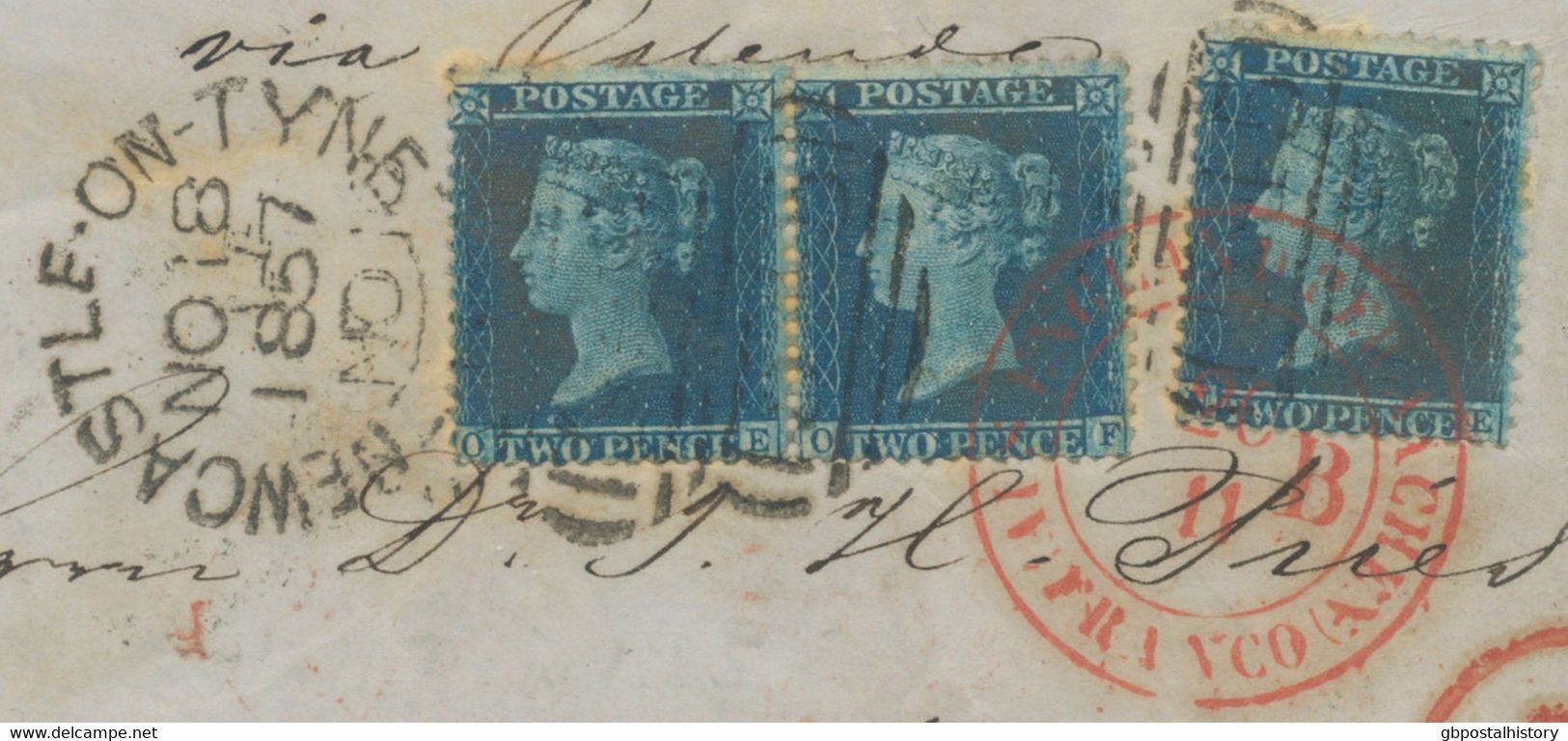 GB 1857, QV 2d Blue Wmk Small Crown Pl.5 Perf. 14 (pair + Single Stamp, Another Stamp Was Lost During Transport: "OE-OF" - Brieven En Documenten