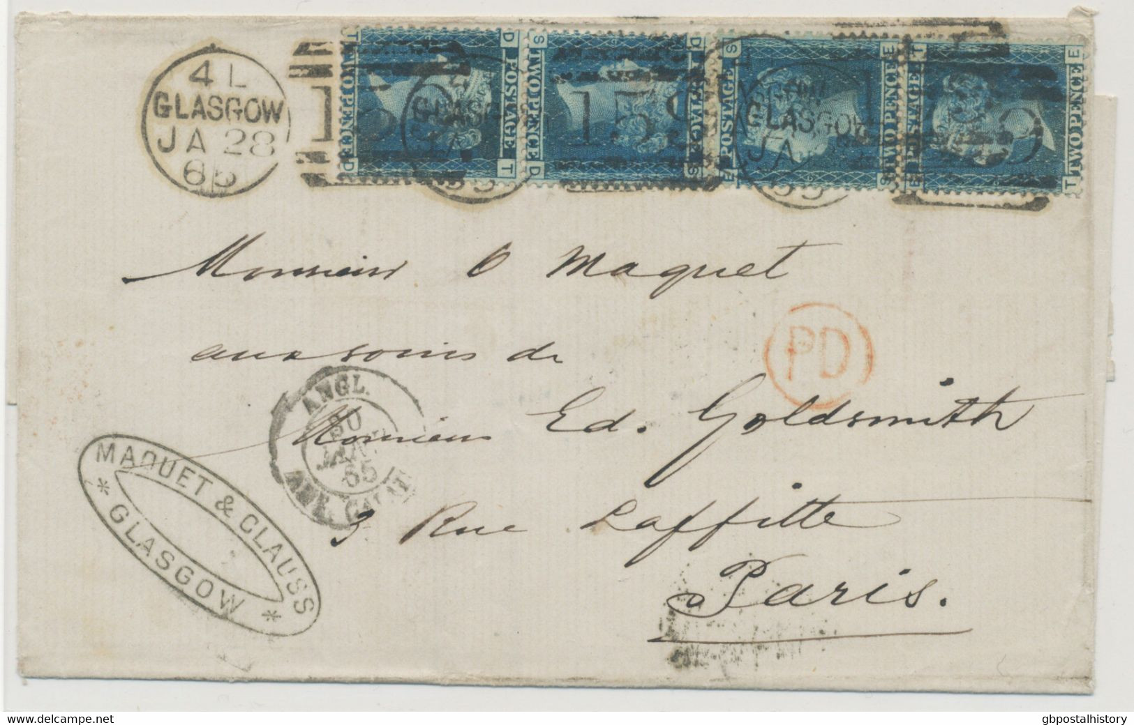 GB 1865, QV 2d Blue Pl.9 (two Vertical Pairs: "SD-TD", "SE-TE") As Rare Multiple Postage (2nd Weight Rate) On Superb - Briefe U. Dokumente