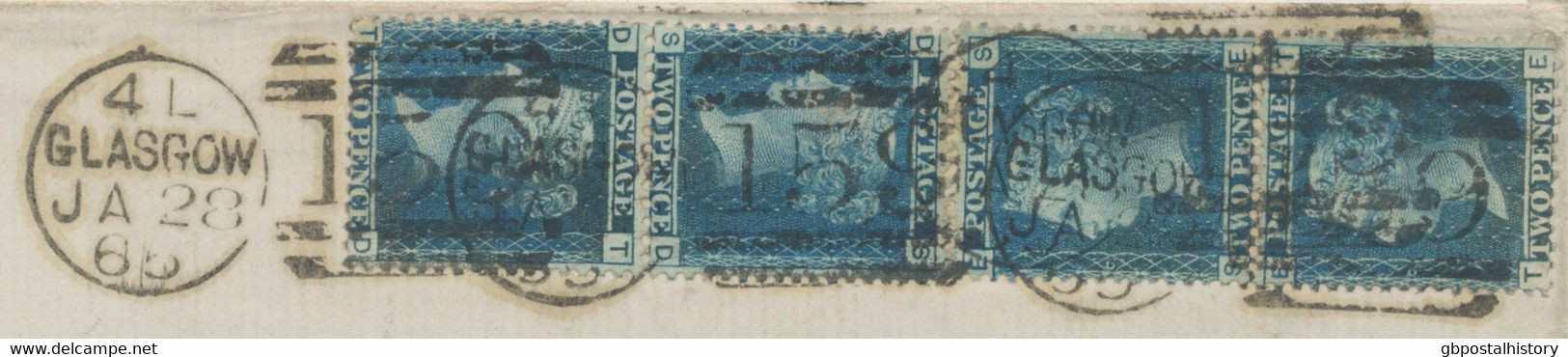 GB 1865, QV 2d Blue Pl.9 (two Vertical Pairs: "SD-TD", "SE-TE") As Rare Multiple Postage (2nd Weight Rate) On Superb - Covers & Documents