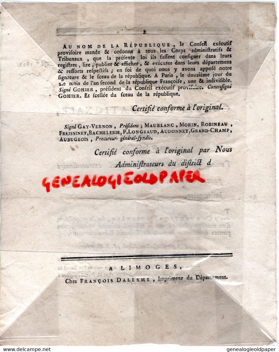 87-LIMOGES- DECRET CONVENTION NATIONALE AN 2 REPUBLIQUE-TRIBUNAL CRIMINEL EXTRAORDINAIRE -REVOLUTIONNAIRE-GAY VERNON - Historische Dokumente