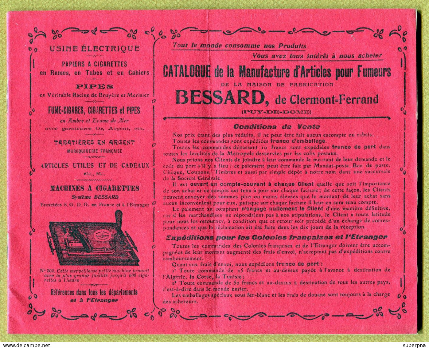 " CATALOGUE D'ARTICLES POUR FUMEURS - BESSARD " De CLERMONT-FERRAND  (1909/1910)  Pipe - Documents