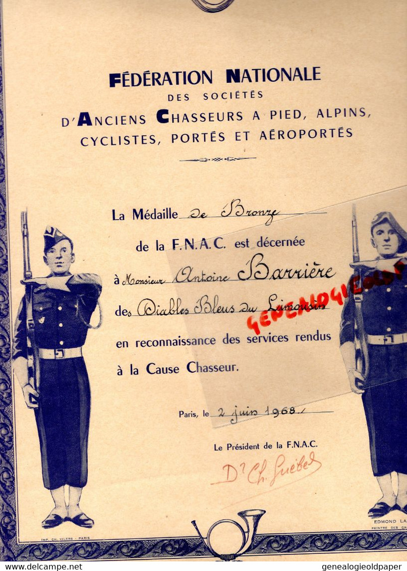 87-LIMOGES- DIPLOME FNAC-ANCIENS CHASSEURS A PIED ALPINS CYCLISTES ANTOINE BARRIERE -DIABLES BLEUS LIMOUSIN-1968-LAJOUX - Diplome Und Schulzeugnisse