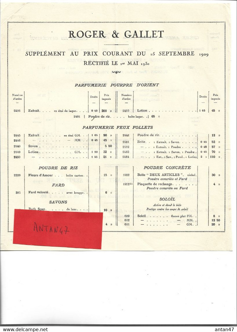 Tarif 1/2 Format 1929 / 75010 PARIS / Parfumerie ROGER & GALLET - Droguerie & Parfumerie