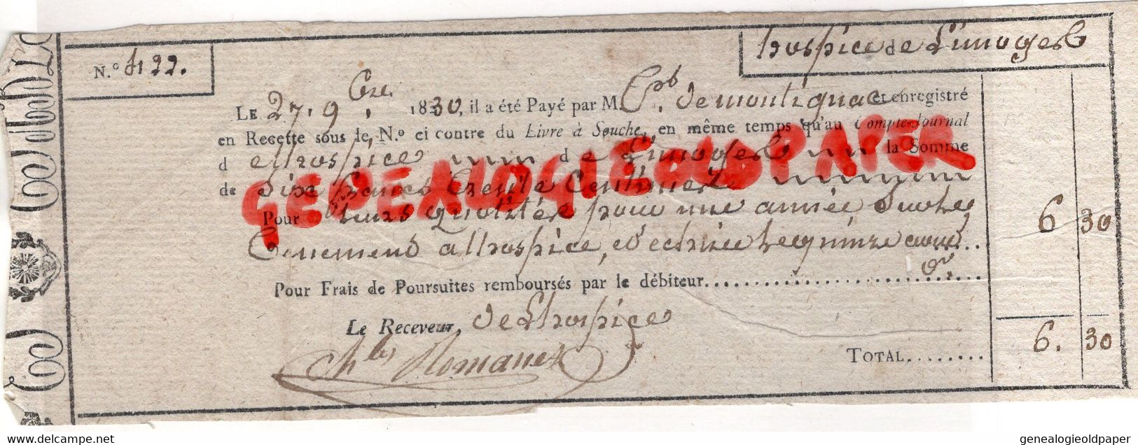 87-ISLE - LIMOGES- RARE PAIEMENT RECETTE HOSPICE DE M. DE MONTIGNAC -AU RECEVEUR CHARLES ROMANET 1830- PAPIER PARCHEMIN - Historische Dokumente