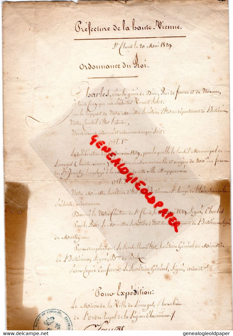 87-LIMOGES-PREFECTURE ORDONNANCE DU ROI CHATEAU ST SAINT CLOUD 20 MAI 1829-M. JEANTY EMPLOYE MAIRIE-DE MARTIGNAC-POUYAT - Historische Dokumente