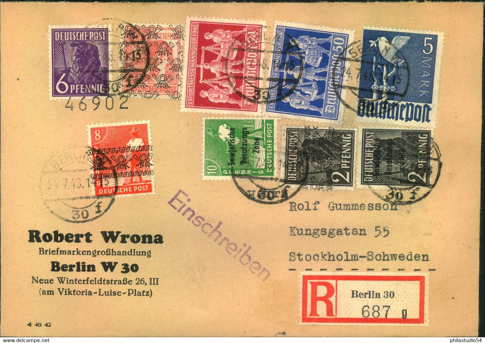 1948, Auslands-Doppel-R-Brief In 10-fach Ausgabenmischfrankatur Mit 5 Mark Taube Ab "BERLIN 30 4.7.482 - Storia Postale