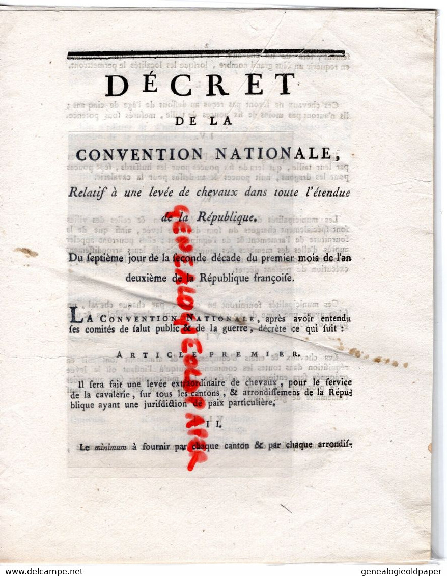 87-LIMOGES- DECRET CONVENTION NATIONALE LEVEE DE CHEVAUX -AN 2 REPUBLIQUE-GUERRE -VERSAILLES-AUCH-GAP-ARLES-ABBEVILLE - Historische Dokumente