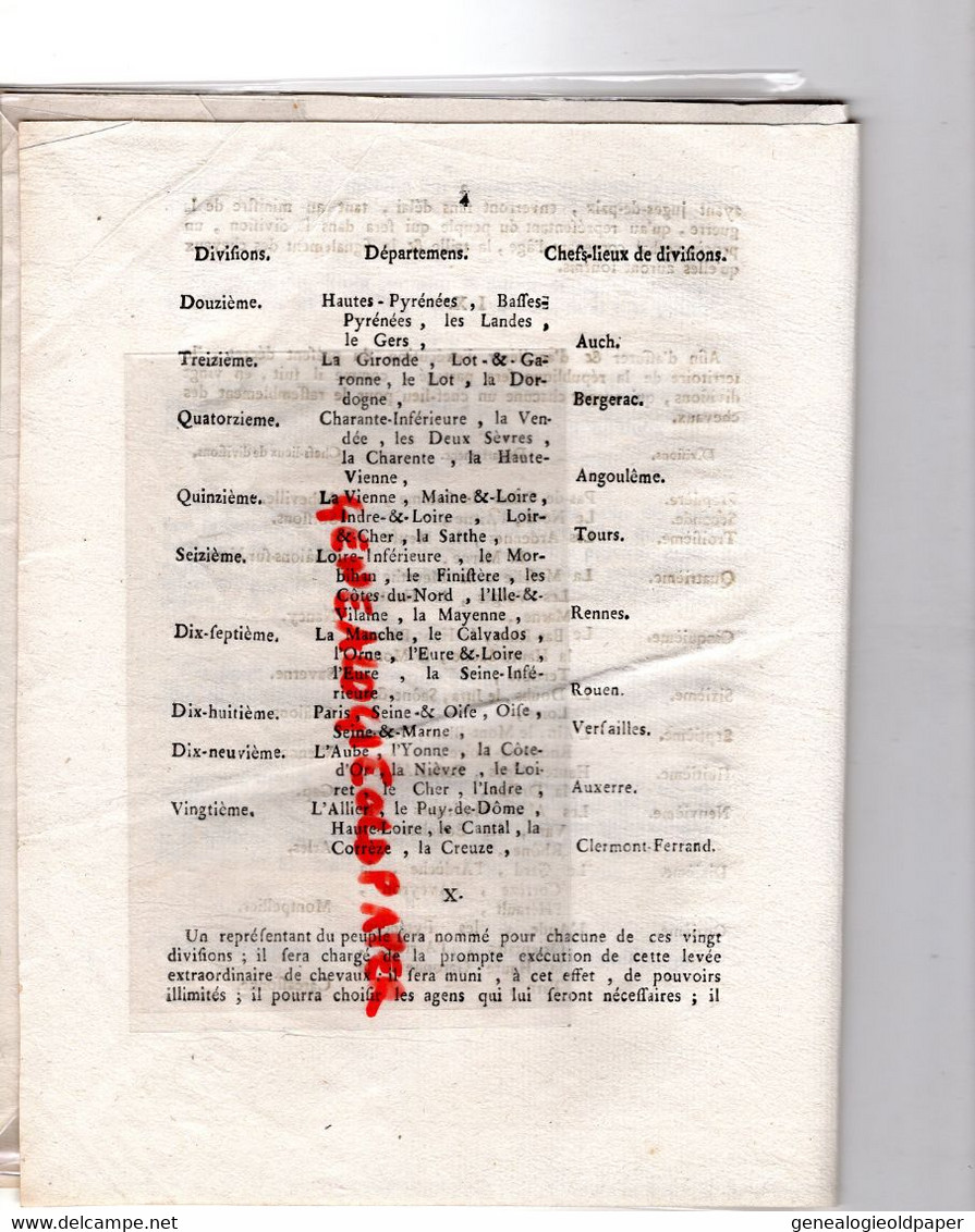 87-LIMOGES- DECRET CONVENTION NATIONALE LEVEE DE CHEVAUX -AN 2 REPUBLIQUE-GUERRE -VERSAILLES-AUCH-GAP-ARLES-ABBEVILLE - Historische Dokumente