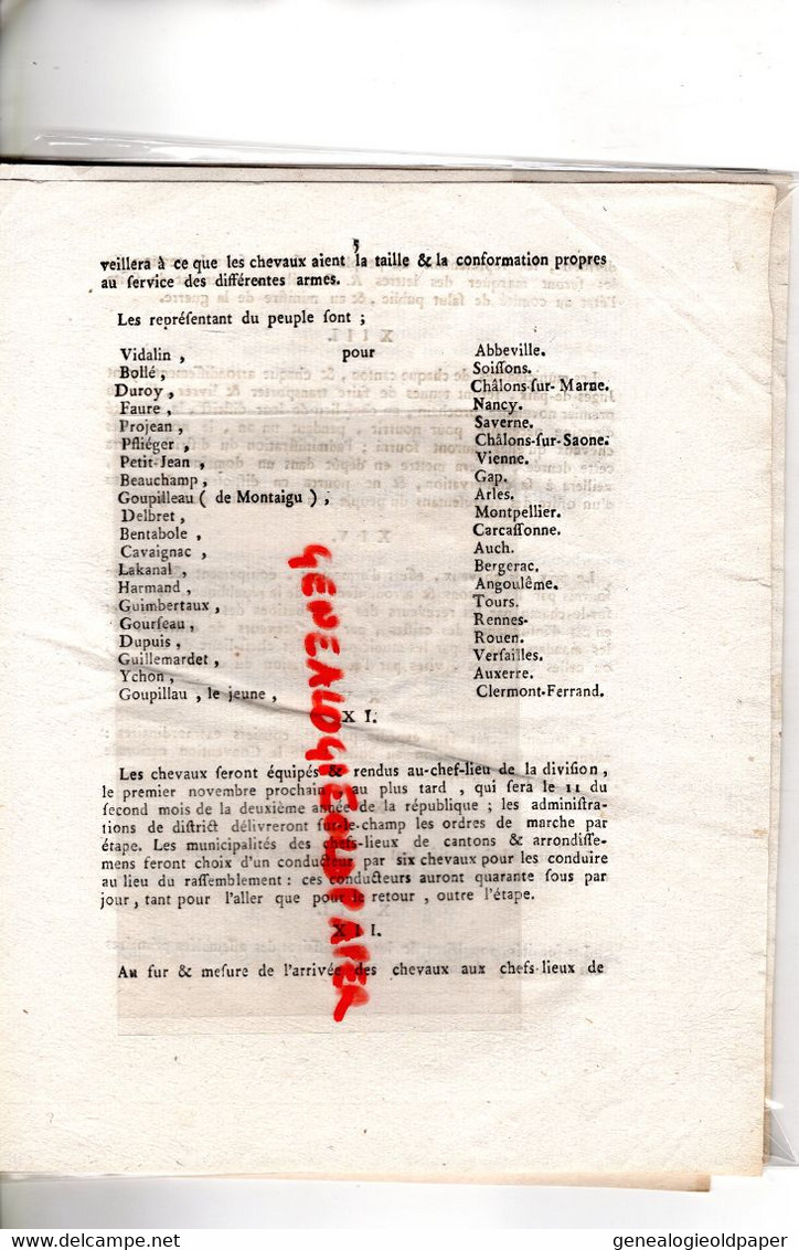 87-LIMOGES- DECRET CONVENTION NATIONALE LEVEE DE CHEVAUX -AN 2 REPUBLIQUE-GUERRE -VERSAILLES-AUCH-GAP-ARLES-ABBEVILLE - Historische Dokumente