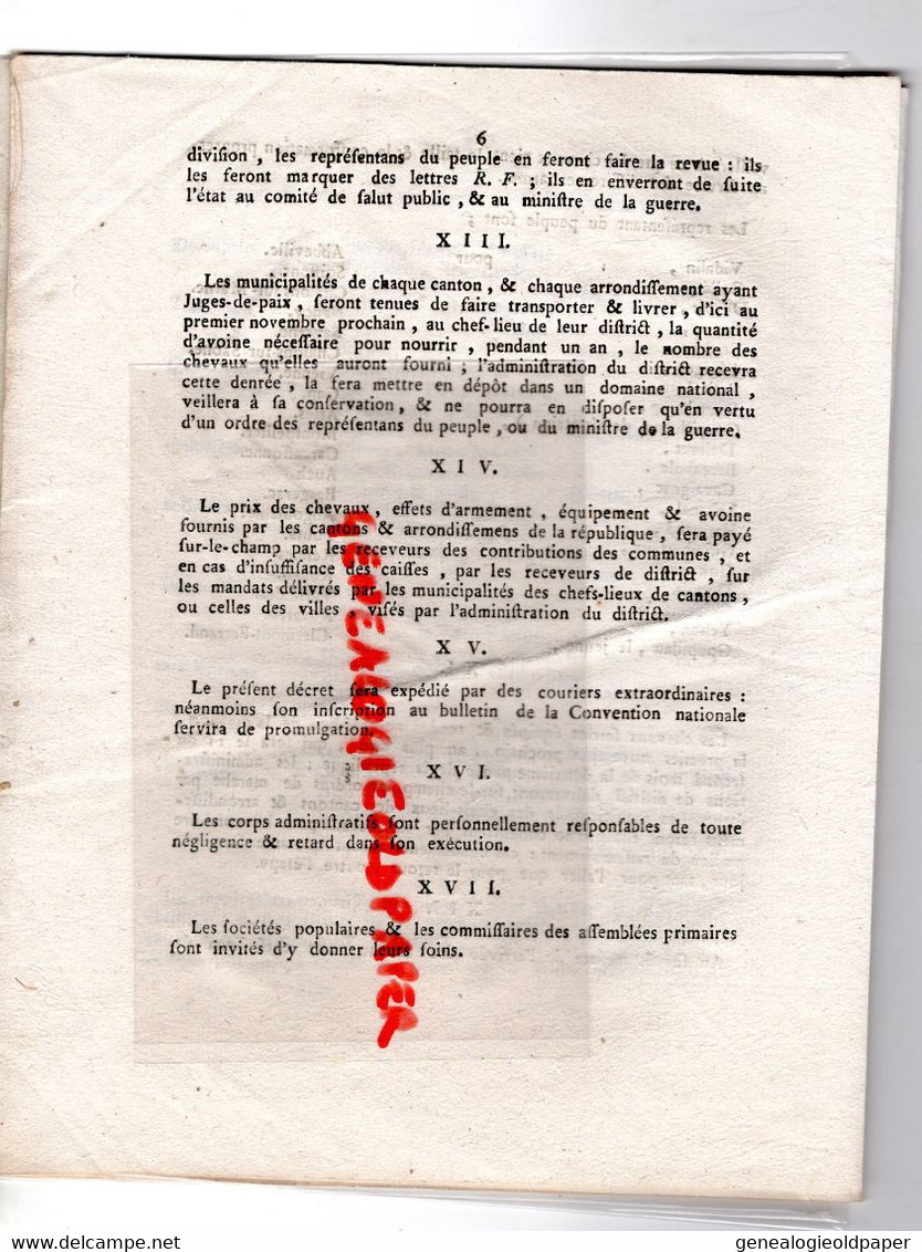 87-LIMOGES- DECRET CONVENTION NATIONALE LEVEE DE CHEVAUX -AN 2 REPUBLIQUE-GUERRE -VERSAILLES-AUCH-GAP-ARLES-ABBEVILLE