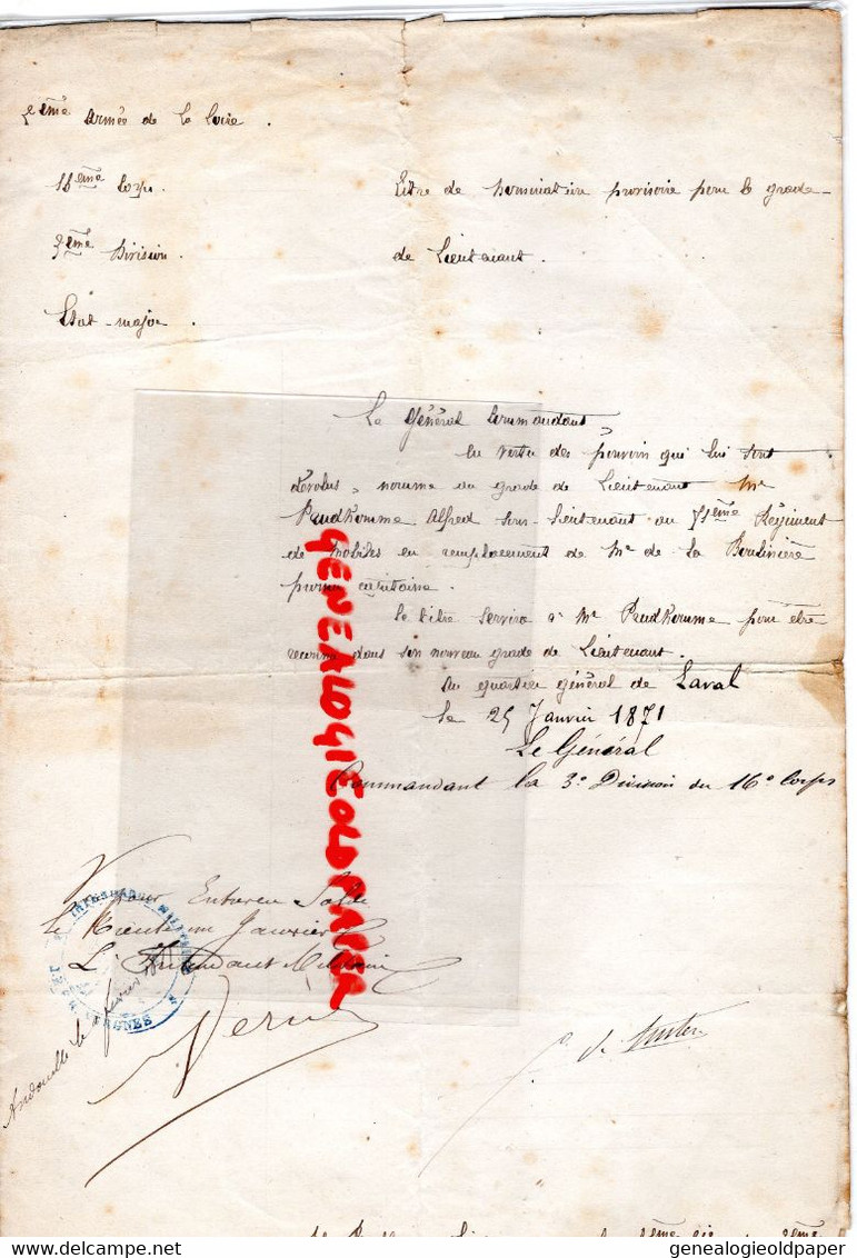 53- LAVAL-87-LIMOGES-NOMINATION GRADE LIEUTENANT-ALFRED PRUDHOMME-71 REGIMENT INFANTERIE MOBILE -LE GENERAL 25-01-1871 - Documentos Históricos