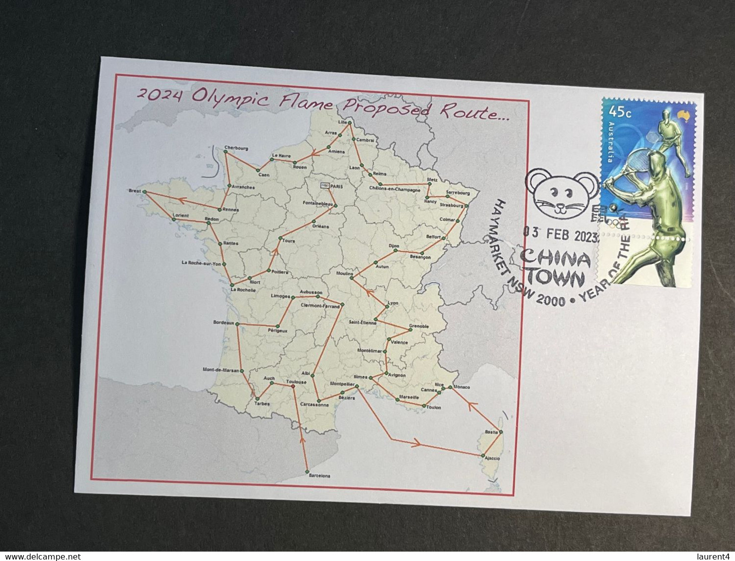 (3 Oø 8) 2024 Olympic Flame With Depart From Marseille (map Of Proposed Route) (Tennis Olympic 2000 Stamp) 3-2-2023 - Eté 2024 : Paris