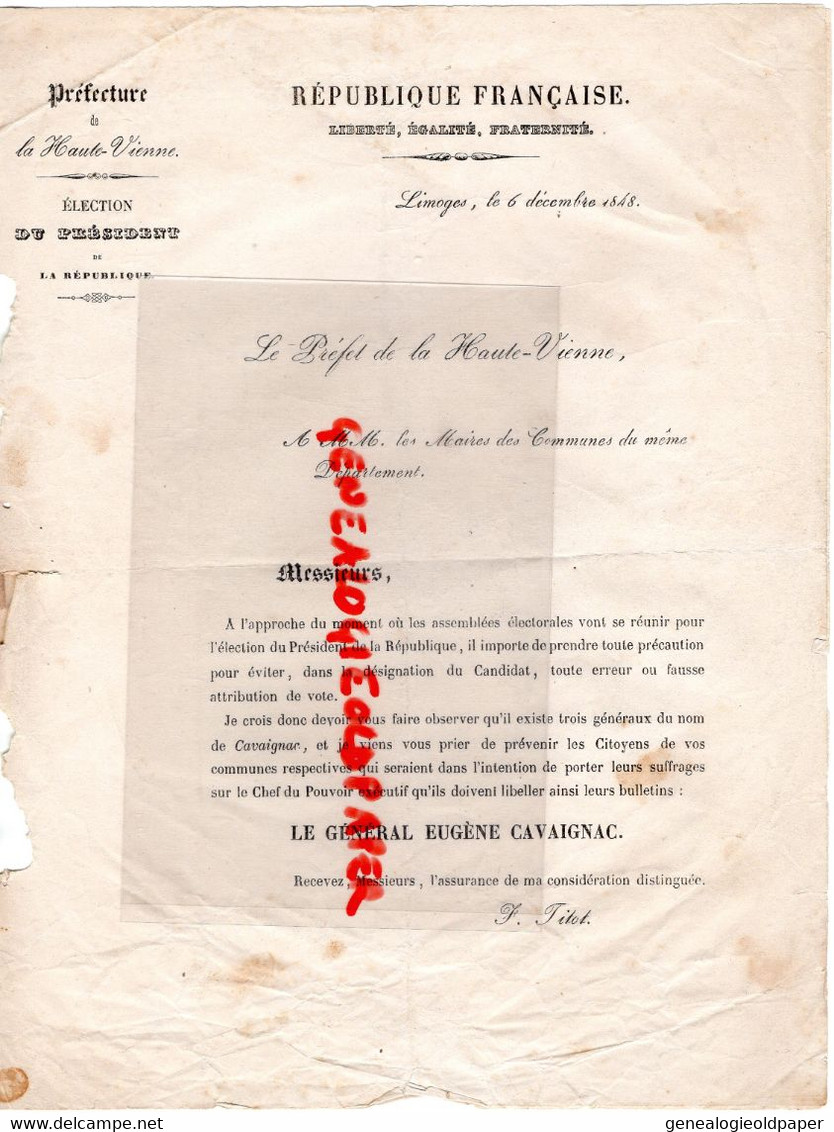 87- LIMOGES-LETTRE PREFECTURE-ELECTION DU PRESIDENT-6 DECEMBRE 1848-PREFET HAUTE VIENNE-GENERAL EUGENE VAVAIGNAC -FITOT - Historische Dokumente
