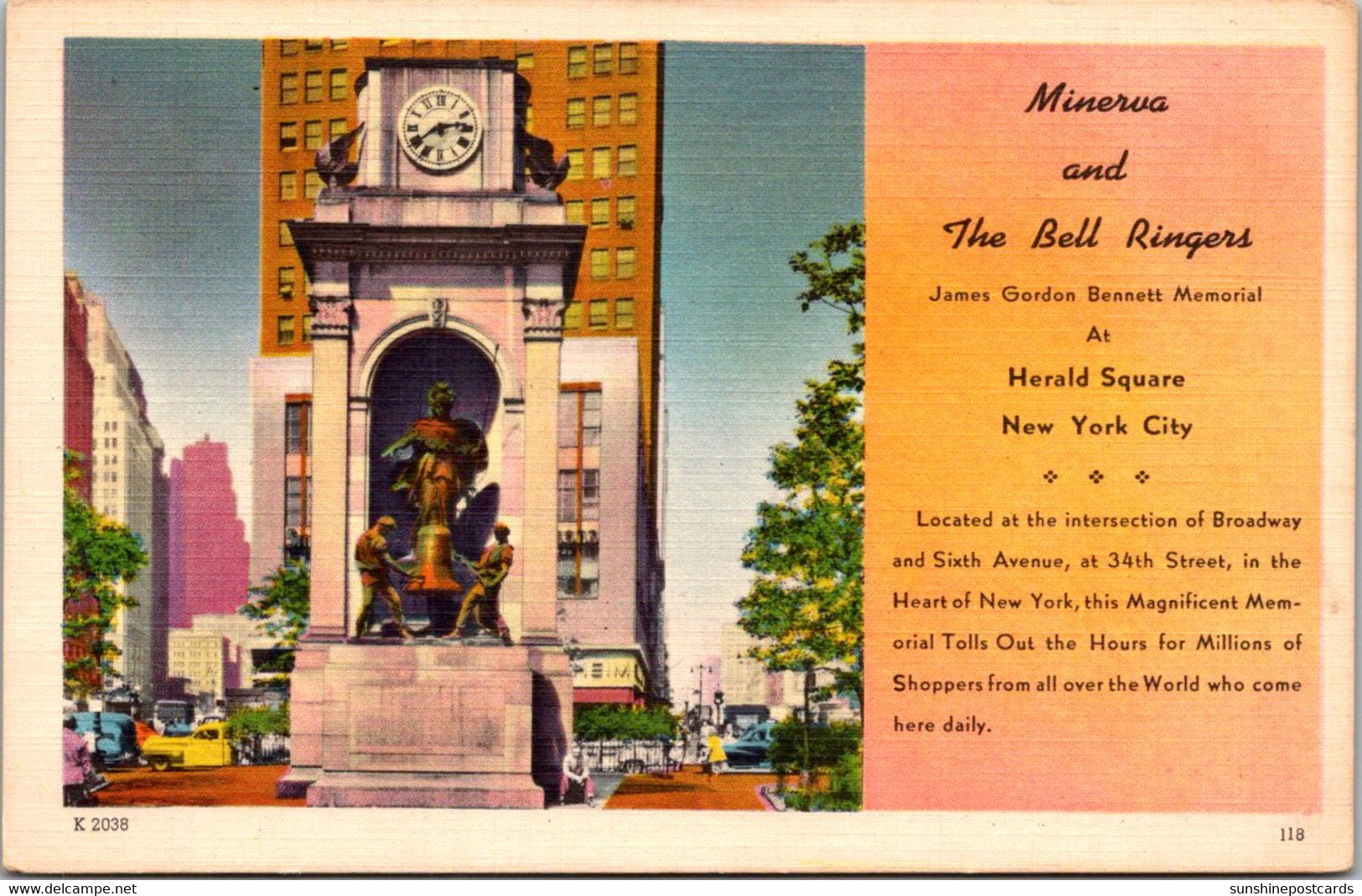 New York City James Gordon Bennett Memorial Minerva And The Bell Ringers Broadway And 6th Avenue - Broadway