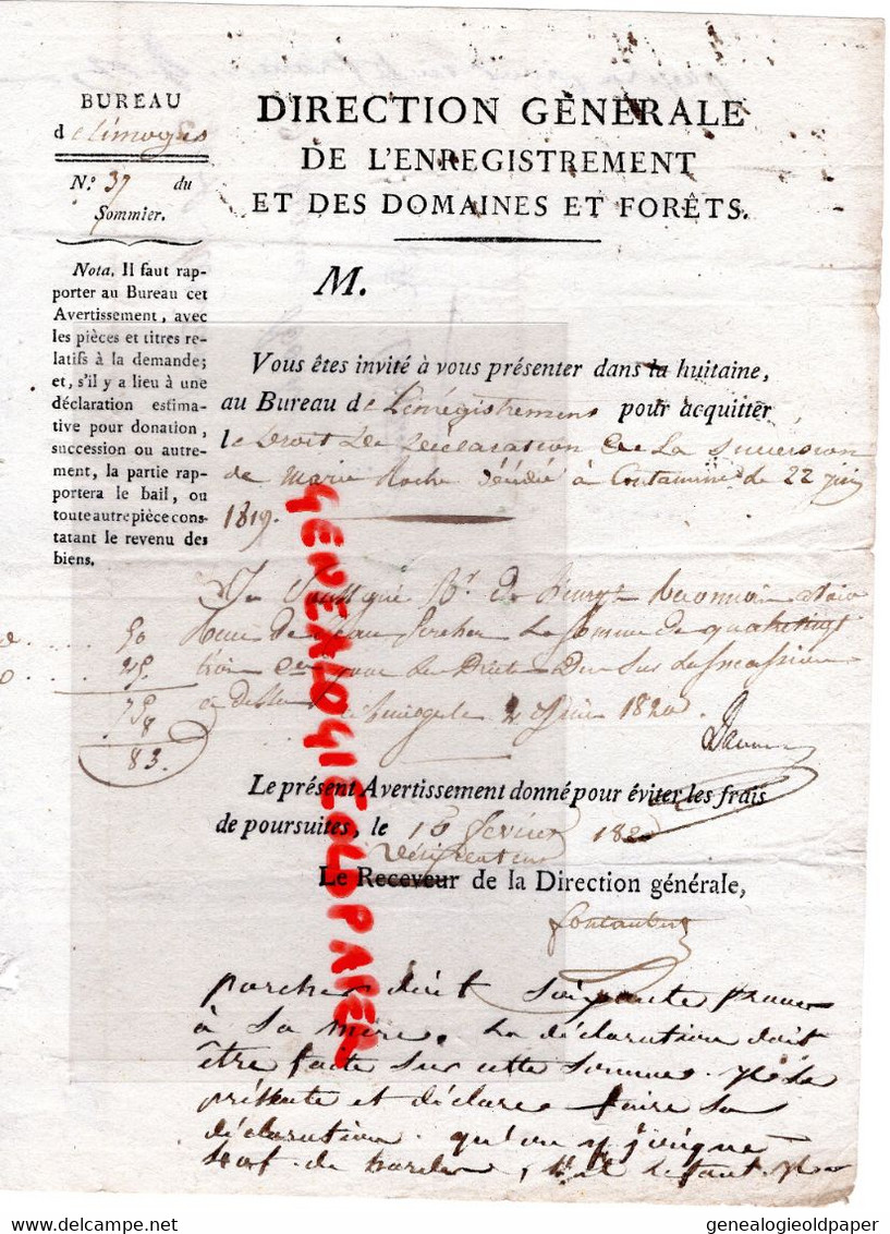 87-RILHAC RANCON-LIMOGES  DIRECTION GENERALE ENREGISTREMENT DOMAINES FORETS-SUCCESSION MARIE ROCHE1982- A CONTAMINE - Historische Dokumente