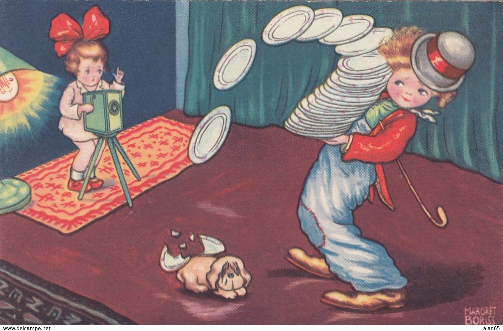 Margaret Boriss Artist Signed Clown Camera Themes, Child Drops Dishes C1930s/40s Vintage Postcard - Boriss, Margret