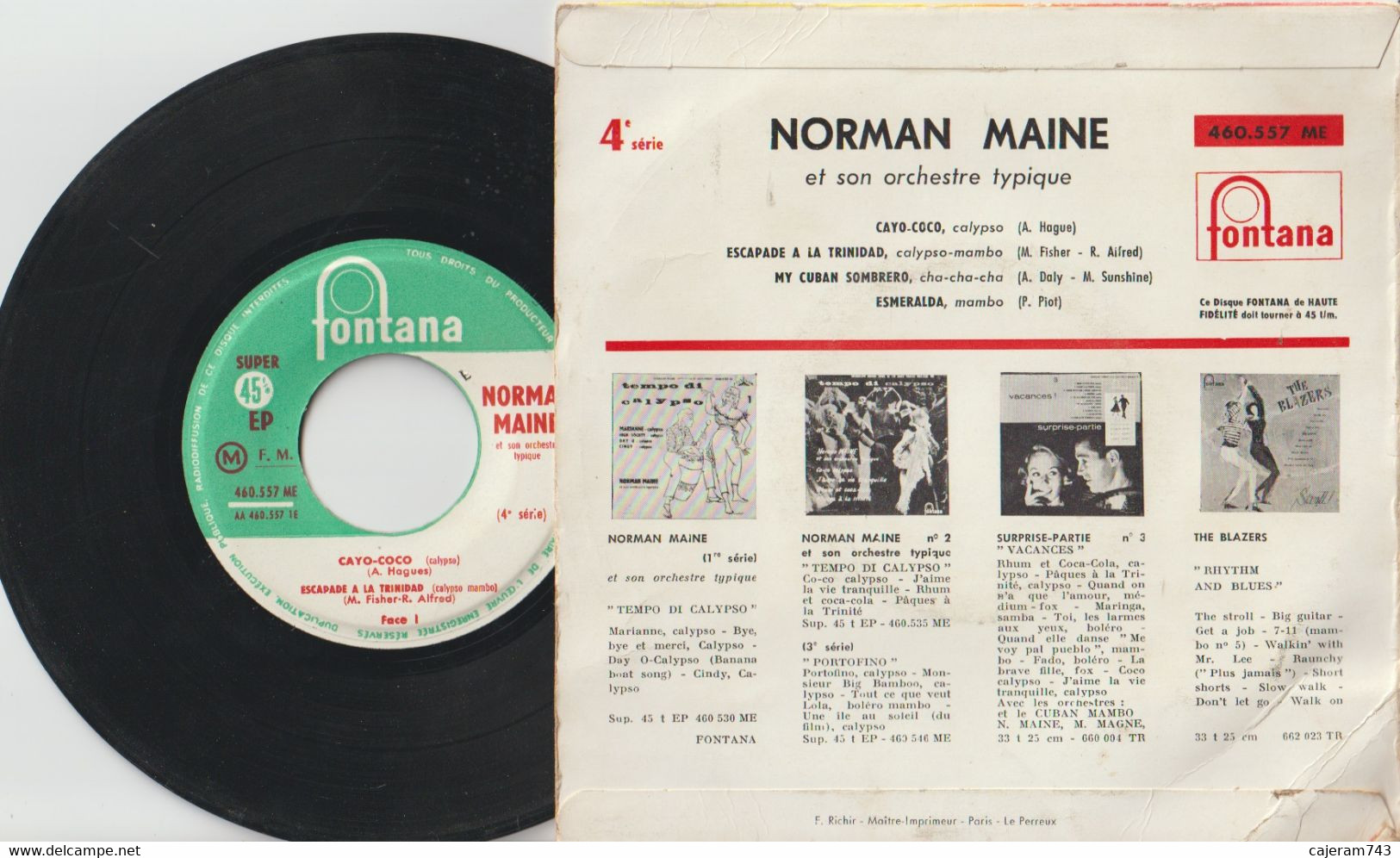 45T. NORMAN MAINE Et Son Orchestre Typique. ESCAPADE A LA TRINIDAD -CAYO-COCO - ESMERALDA - MY CUBAN SOMBRERO. Calypso, - Autres - Musique Espagnole