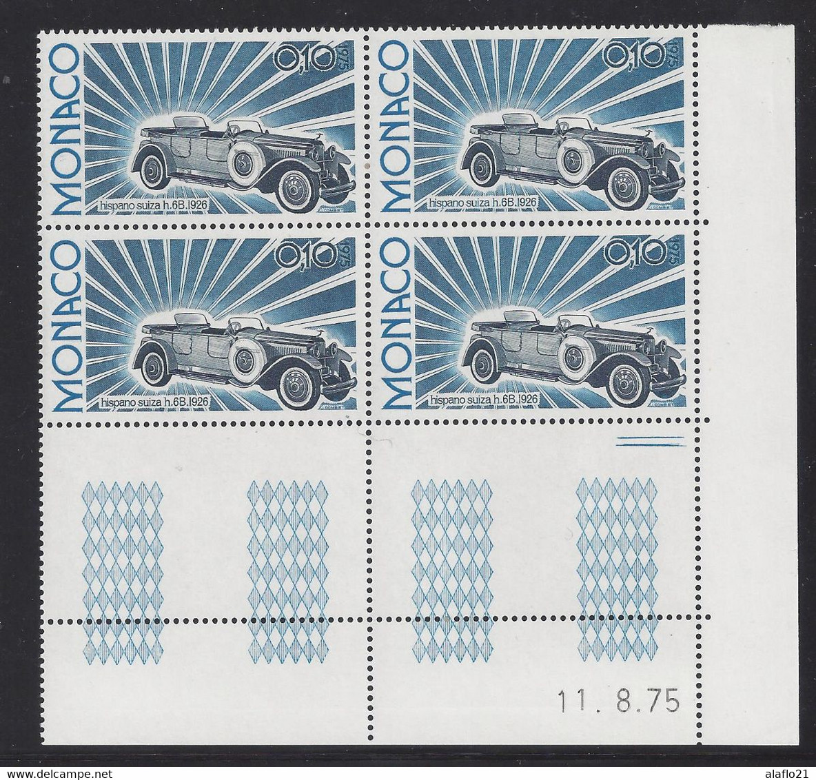 MONACO - N° 1019 - HISPANO-SUIZA 1926 - Bloc De 4 COIN DATE - NEUF SANS CHARNIERE - 11/8/75 - Neufs