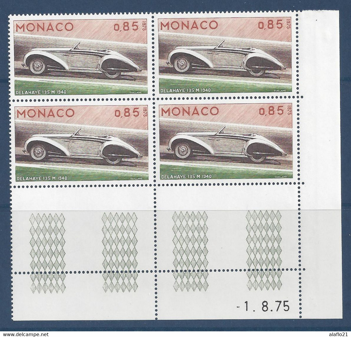 MONACO - N° 1025 - DELAHAYE 135M 1940 - Bloc De 4 COIN DATE - NEUF SANS CHARNIERE - 1/8/75 - Unused Stamps