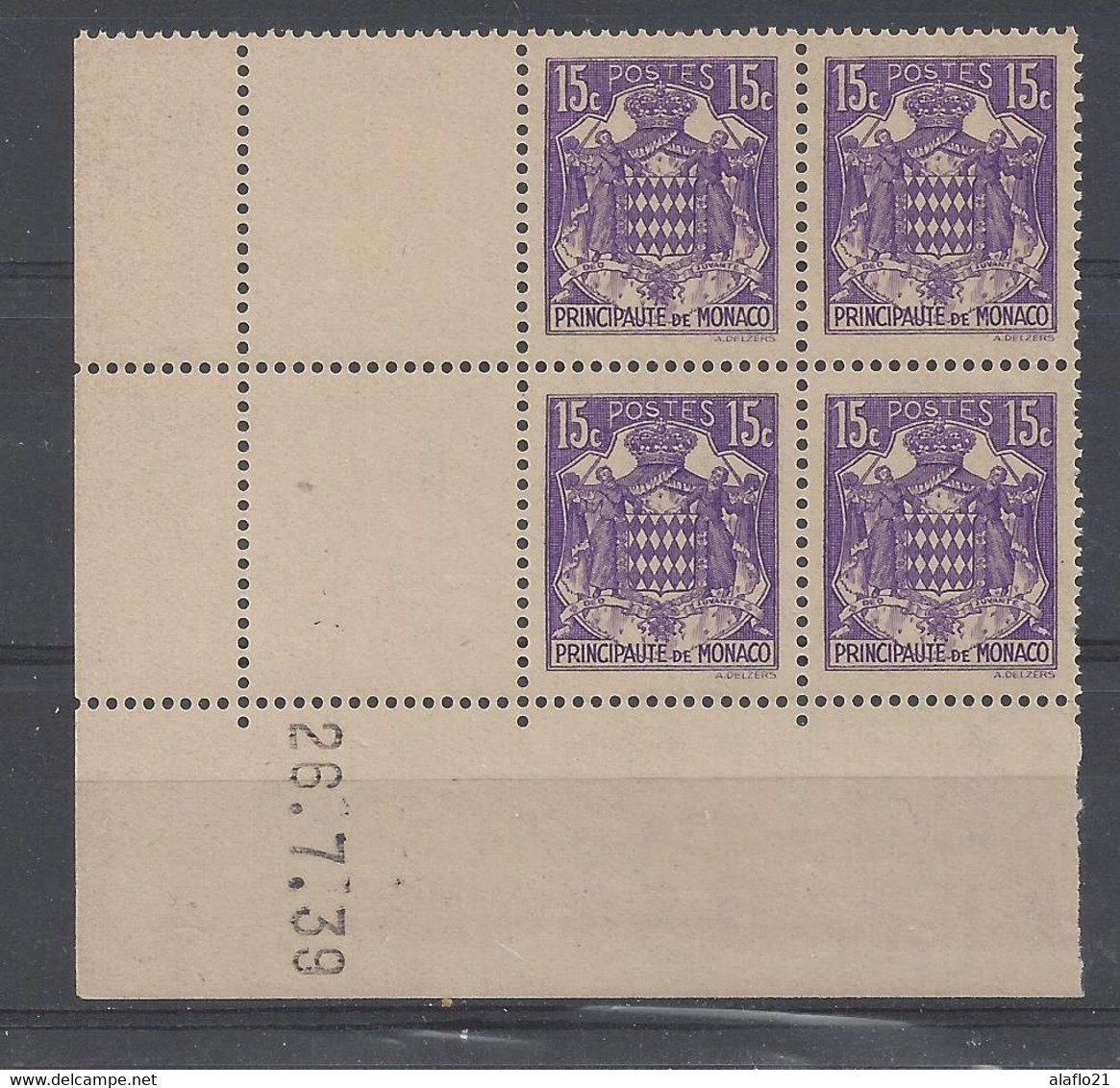 MONACO - ARMOIRIES N° 158A - Bloc De 4 COIN DATE - NEUF SANS CHARNIERE - 26/7/39 - Nuovi