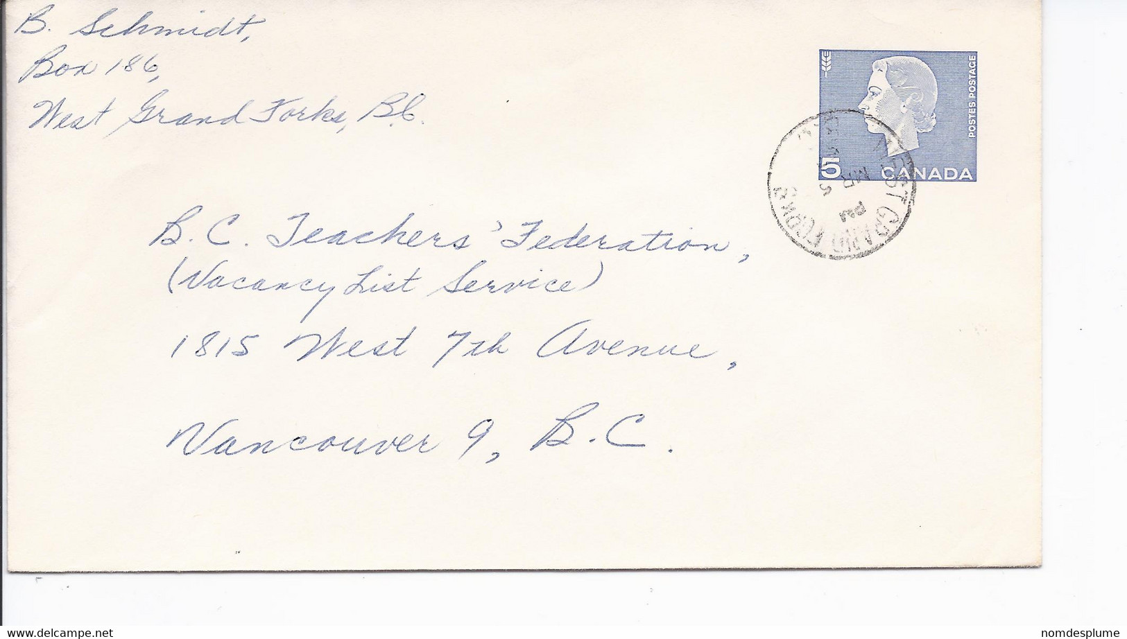 16469) Canada Cover Brief Lettre 1963 Closed BC British Columbia Post Office Postmark Cancel - Covers & Documents