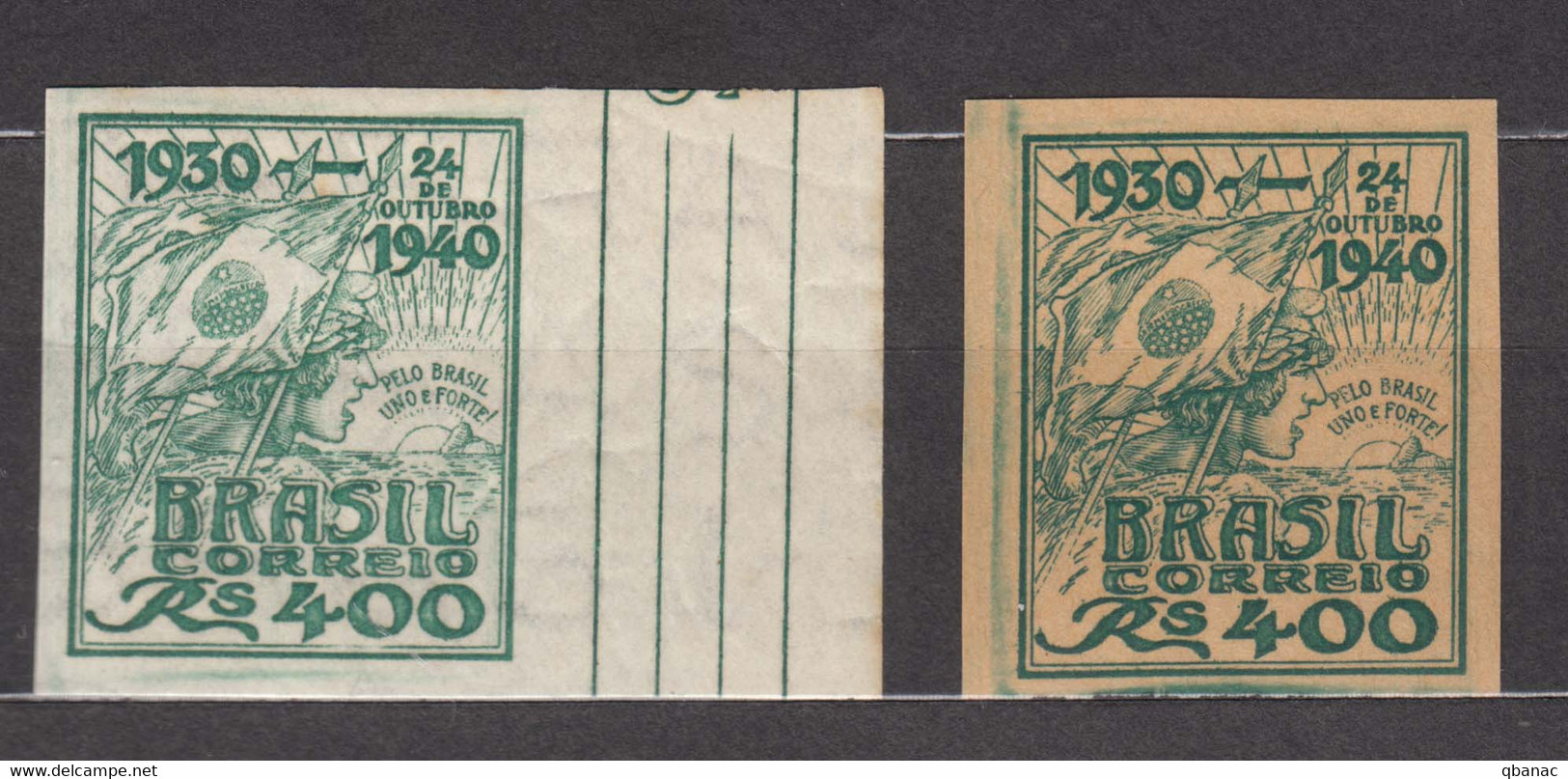 Brazil Brasil 1940 Mi#536 Mint Never Hinged Imperforated Proofs, Green On White And Manila Paper - Ongebruikt