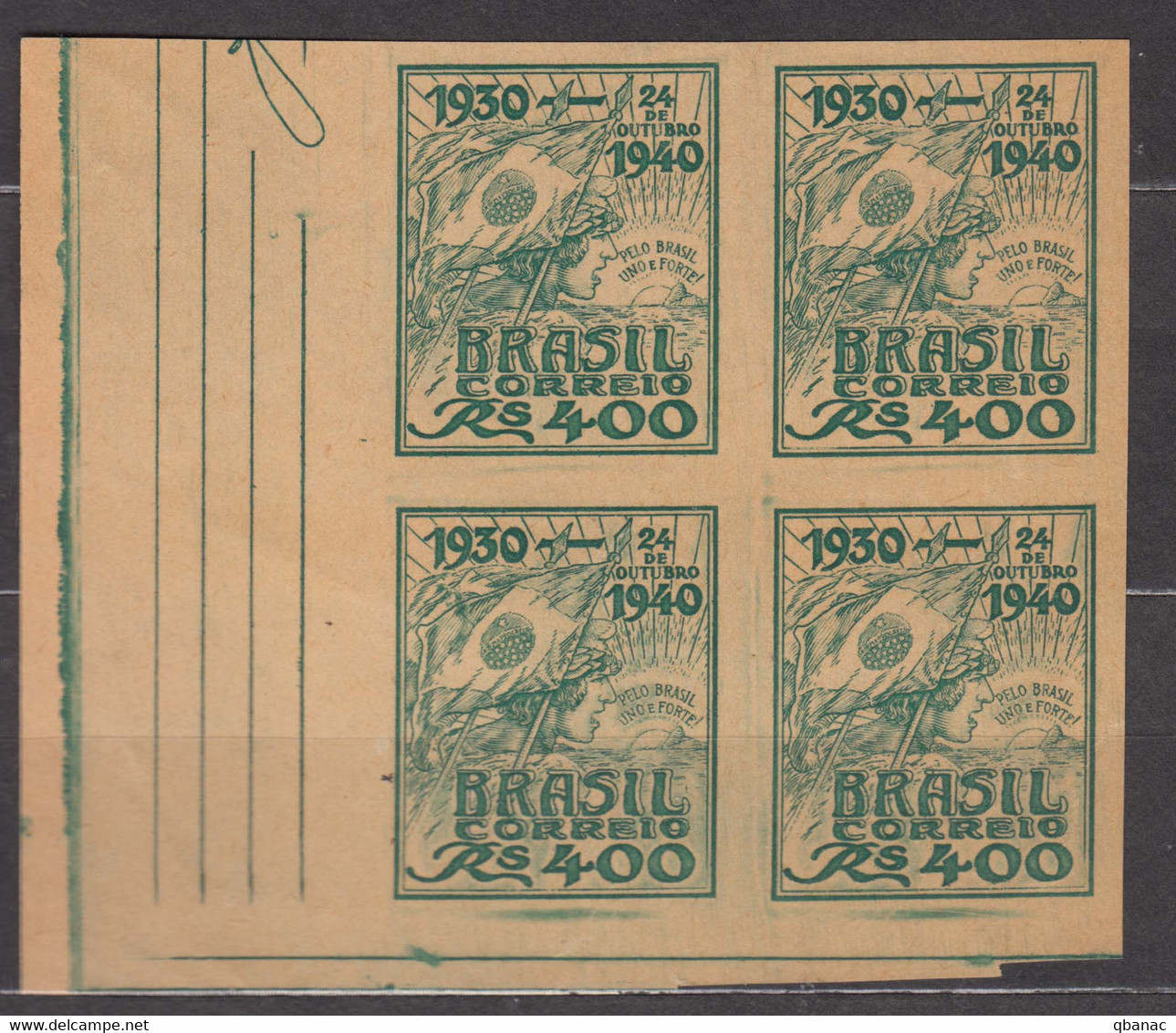 Brazil Brasil 1940 Mi#536 Mint Never Hinged Imperforated Proof Piece Of 4 With Huge Margins, Manila Paper - Nuevos