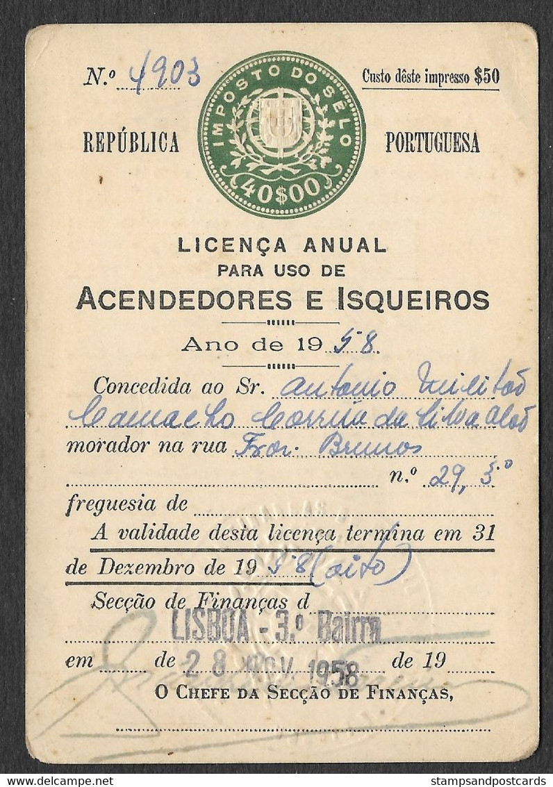 Portugal Timbre Fiscal Fixe 40$ Licence De Briquet + Assistência 1958 Stamped Revenue Lighter License - Brieven En Documenten