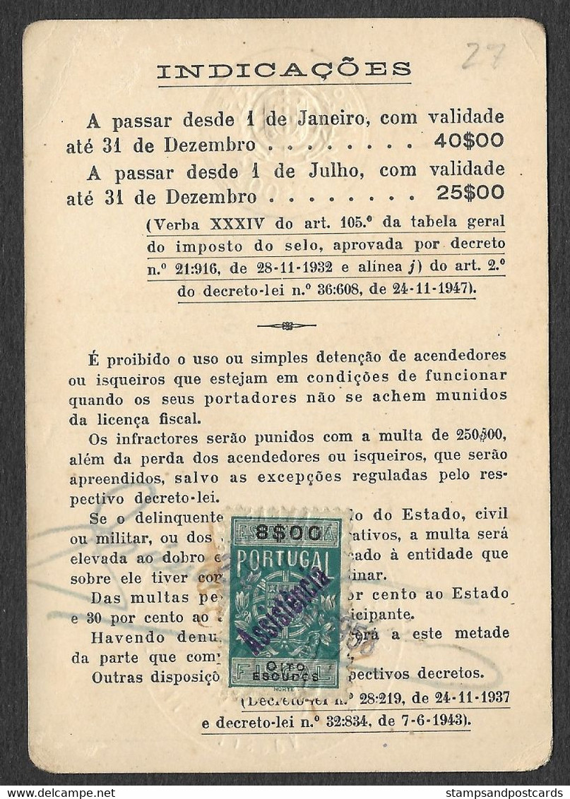 Portugal Timbre Fiscal Fixe 40$ Licence De Briquet + Assistência 1958 Stamped Revenue Lighter License - Brieven En Documenten
