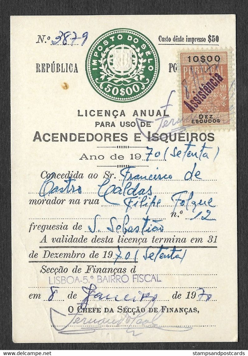 Portugal Timbre Fiscal Fixe 50$ Licence De Briquet + Assistência 1970 Stamped Revenue Lighter License - Cartas & Documentos
