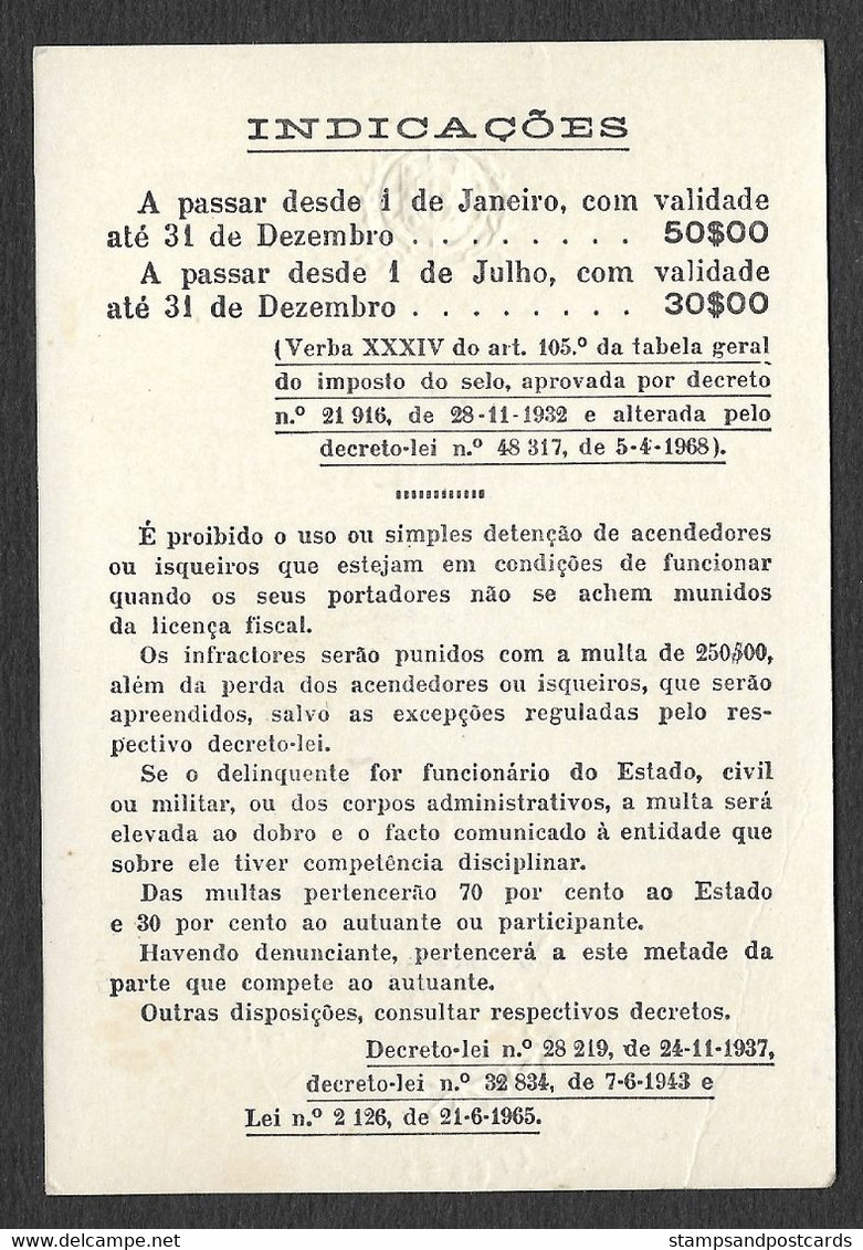 Portugal Timbre Fiscal Fixe 50$ Licence De Briquet + Assistência 1970 Stamped Revenue Lighter License - Lettres & Documents