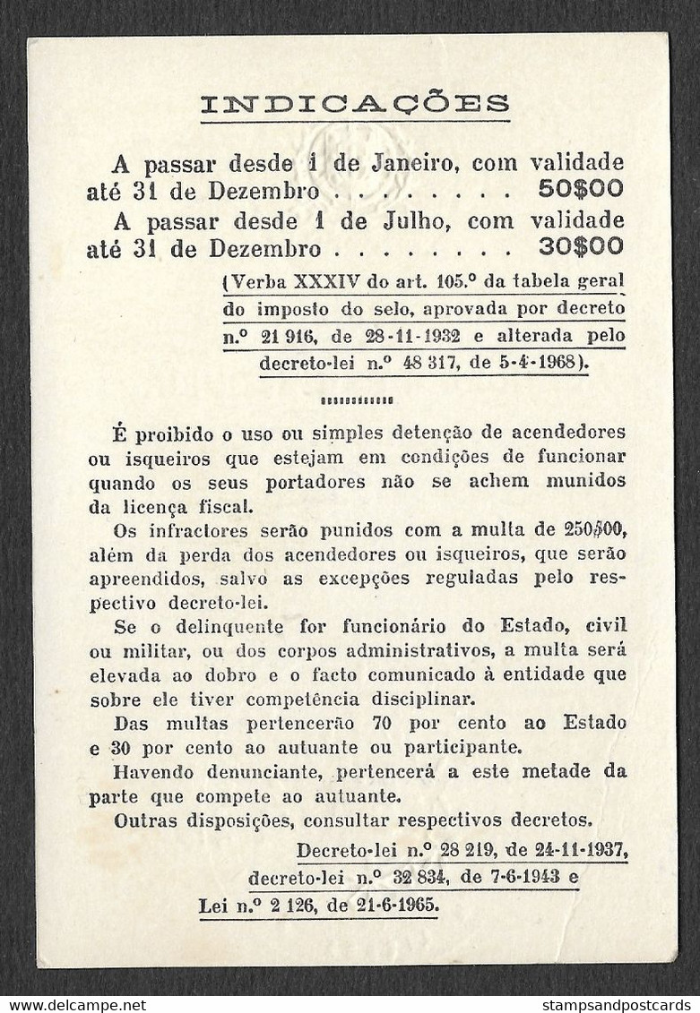 Portugal Timbre Fiscal Fixe 50$ Licence De Briquet + Assistência 1970 Stamped Revenue Lighter License - Cartas & Documentos