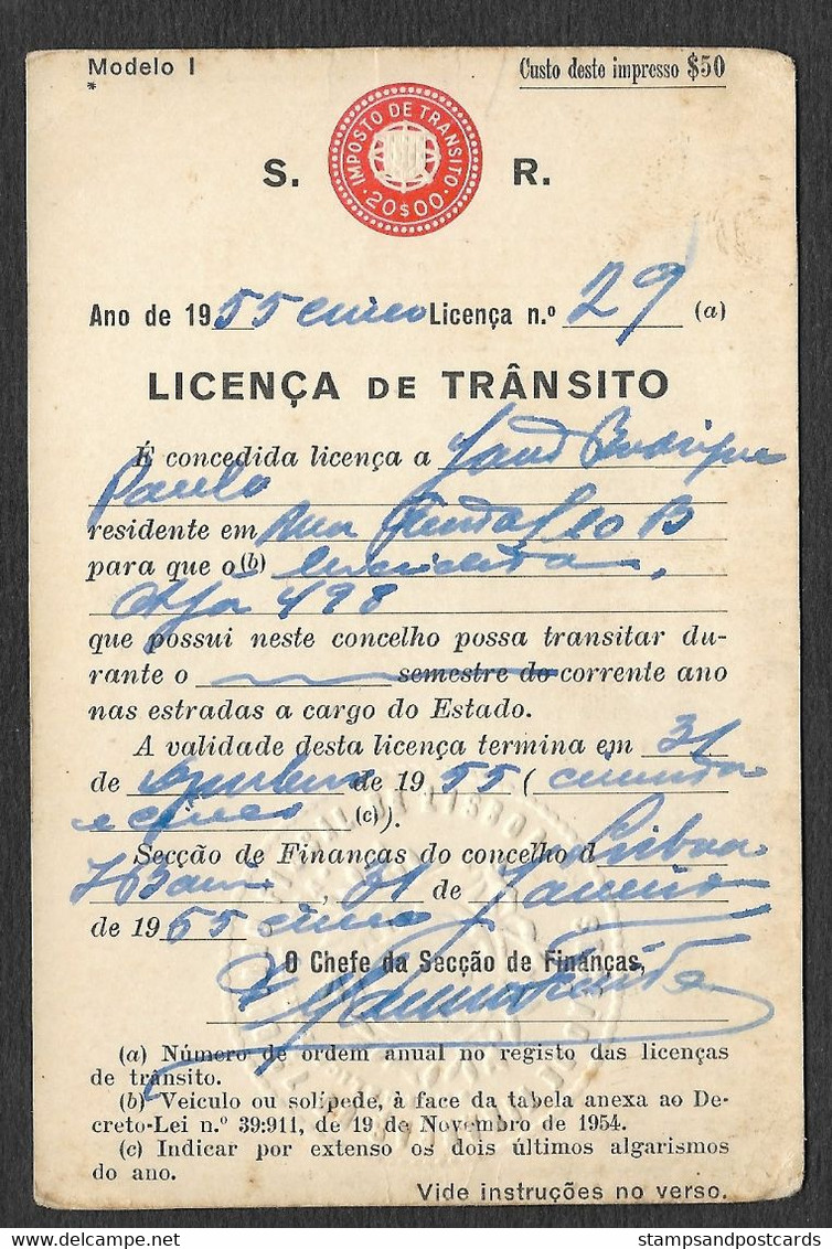 Portugal Timbre Fiscal Fixe 20$ Permis De Circulation Vélo 1955 Stamped Revenue Traffic License Bike Bicycle - Lettres & Documents