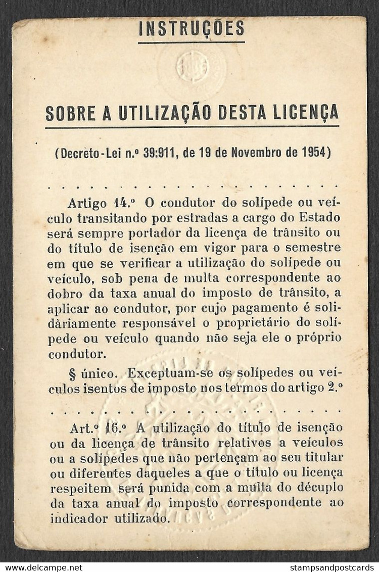 Portugal Timbre Fiscal Fixe 20$ Permis De Circulation Vélo 1955 Stamped Revenue Traffic License Bike Bicycle - Covers & Documents