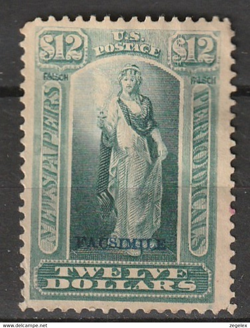 USA 1875 Newspaper And Periodical Stamps 12c Blue Green -Facsimile - Forgery - Giornali & Periodici