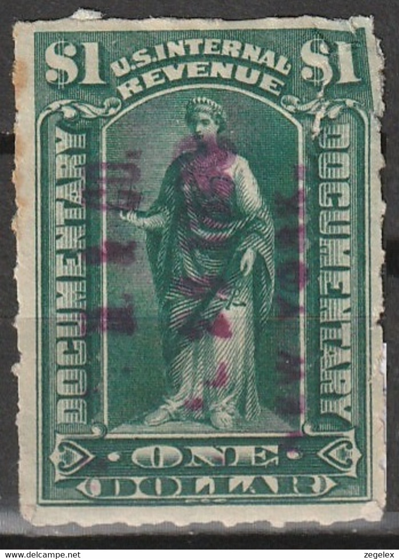 USA 1898 Fiscal Documentary 1 Dollar Dark Green. Used R173 . Poor Right Upper Corner - Fiscaux