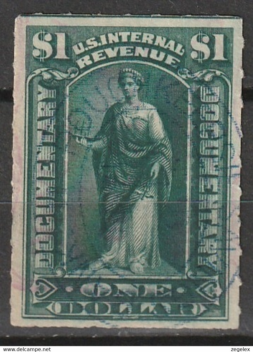 USA 1898 Fiscal Documentary 1 Dollar Dark Green. Used R173. Oval Cancelation - Fiscale Zegels