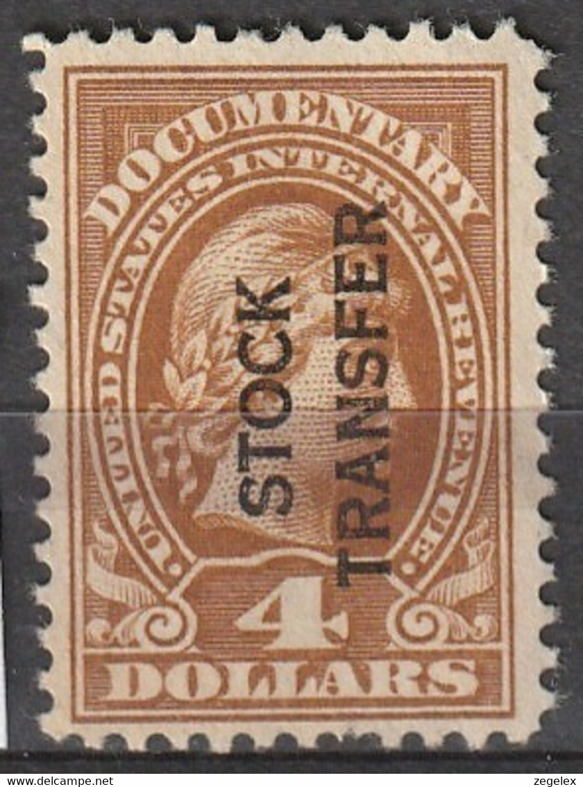 USA 1918 Documentary Stamps With Overprint Stock Transfer 4 Dollars Yellow Brown  RD14 (*) - Fiscaux
