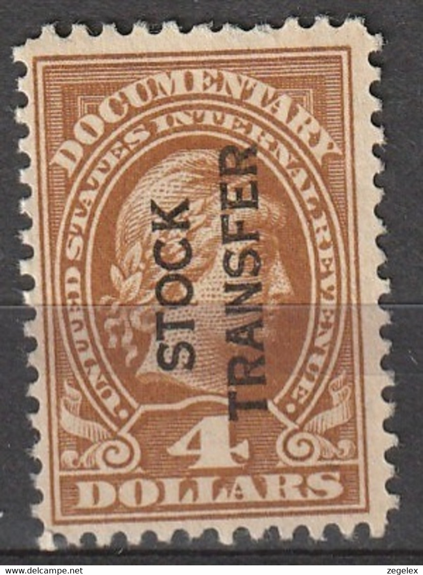 USA 1918 Documentary Stamps With Overprint Stock Transfer 4 Dollars Yellow Brown  RD14 (*) - Revenues