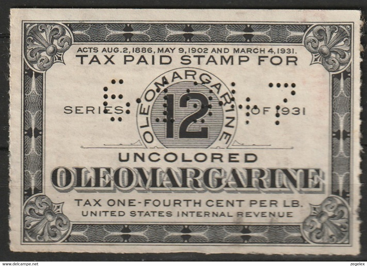 USA 1931 Oleomargarine - Series Of 1931 - 12 C - Postal Fiscals - Fiscaux