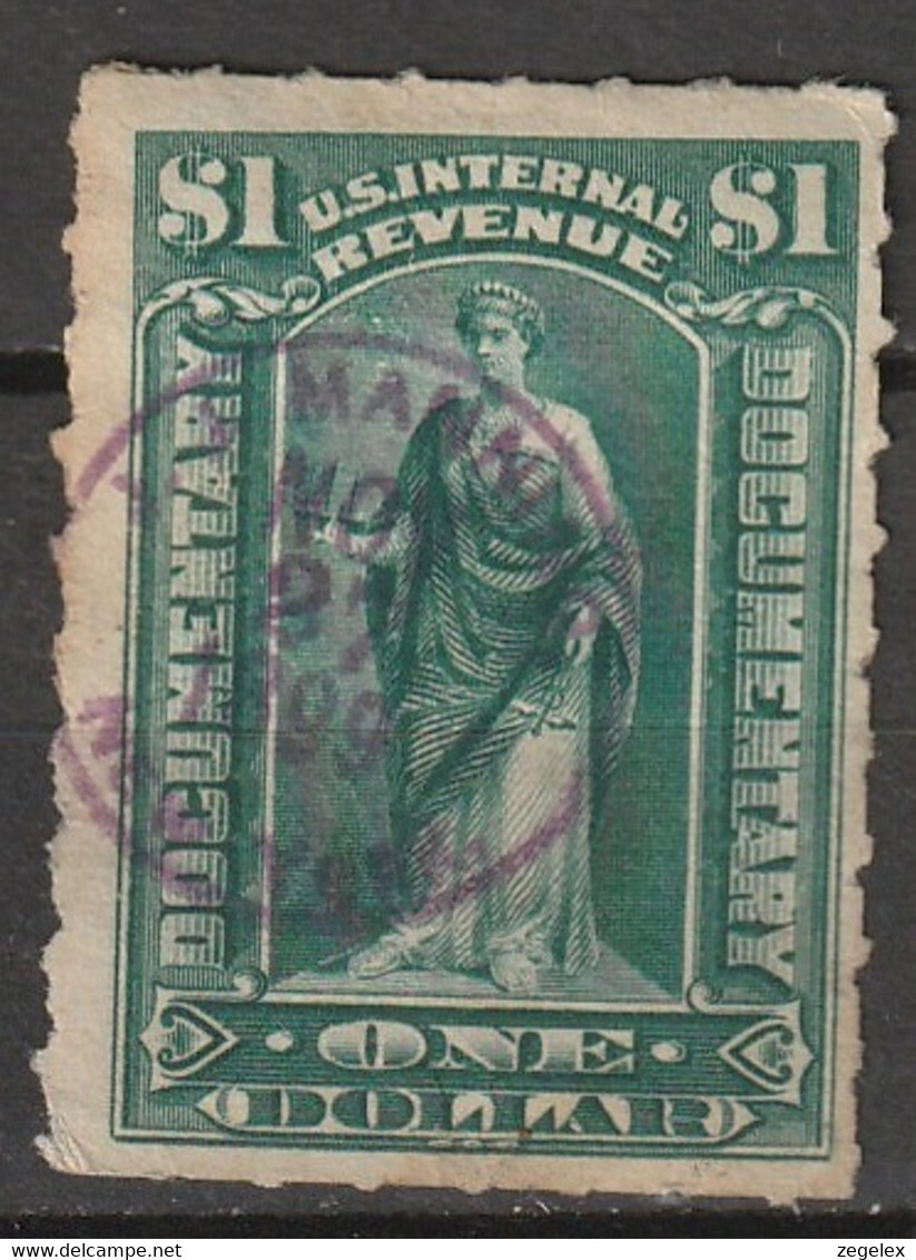 USA 1898 Fiscal Documentary 1 Dollar Dark Green. Nice Cancelation! R173 - Fiscali